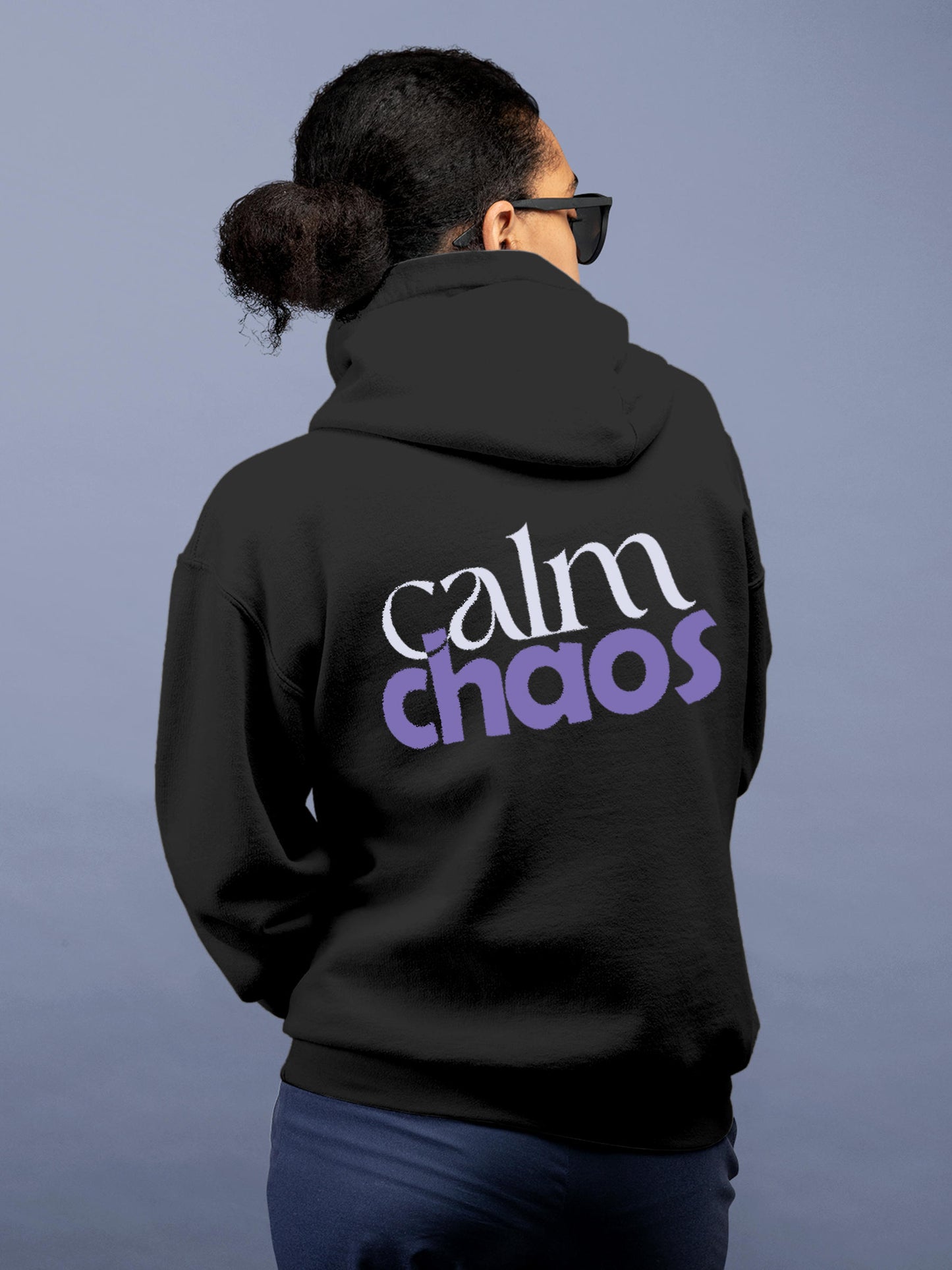 Model wearing Women's Dark Grey Hoodie Sweatshirt with 'Calm Chaos' design, offering effortless style and premium comfort