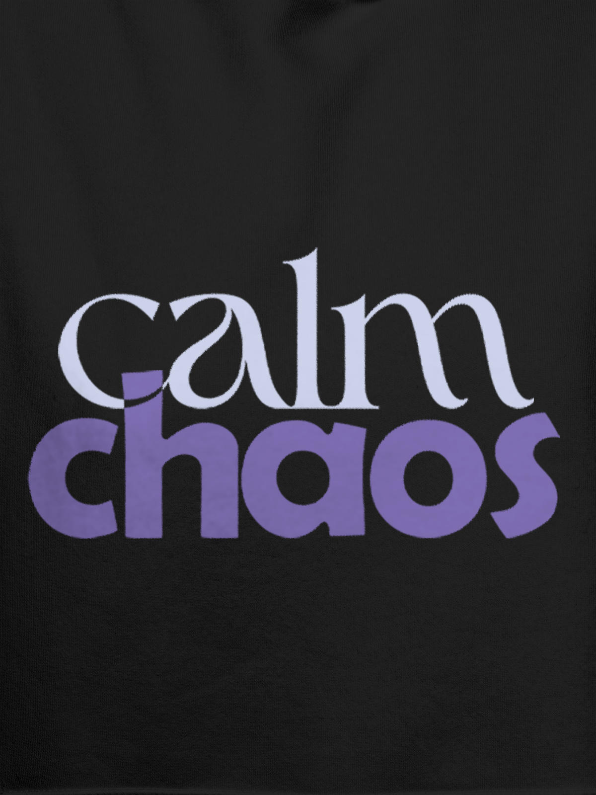 Close up of 'Calm Chaos' design on Women's Dark Grey Hoodie Sweatshirt, highlighting intricate details and vibrant print.