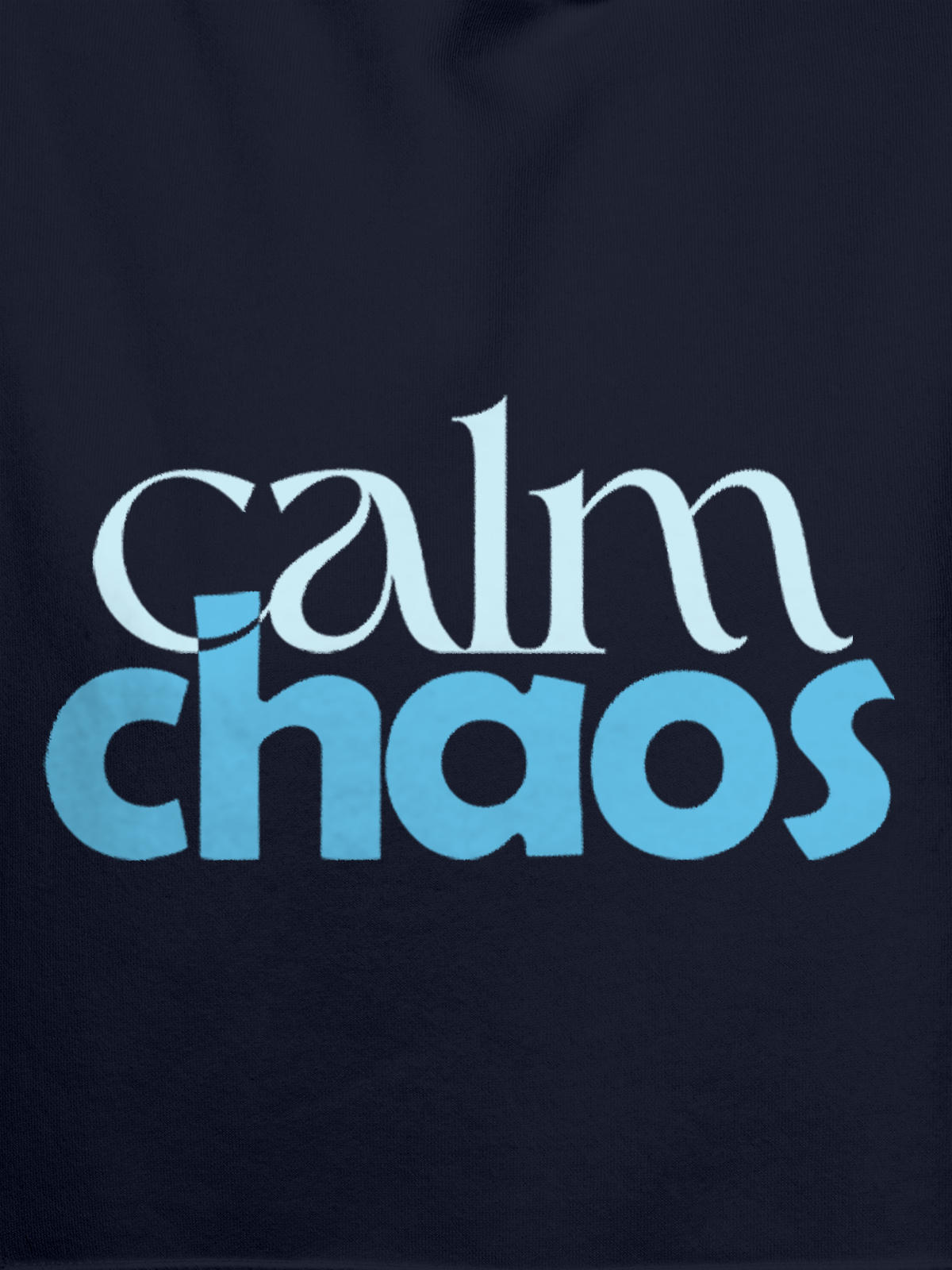 Close up of 'Calm Chaos' design on Women's Navy Blue Hoodie Sweatshirt, highlighting intricate details and vibrant print.
