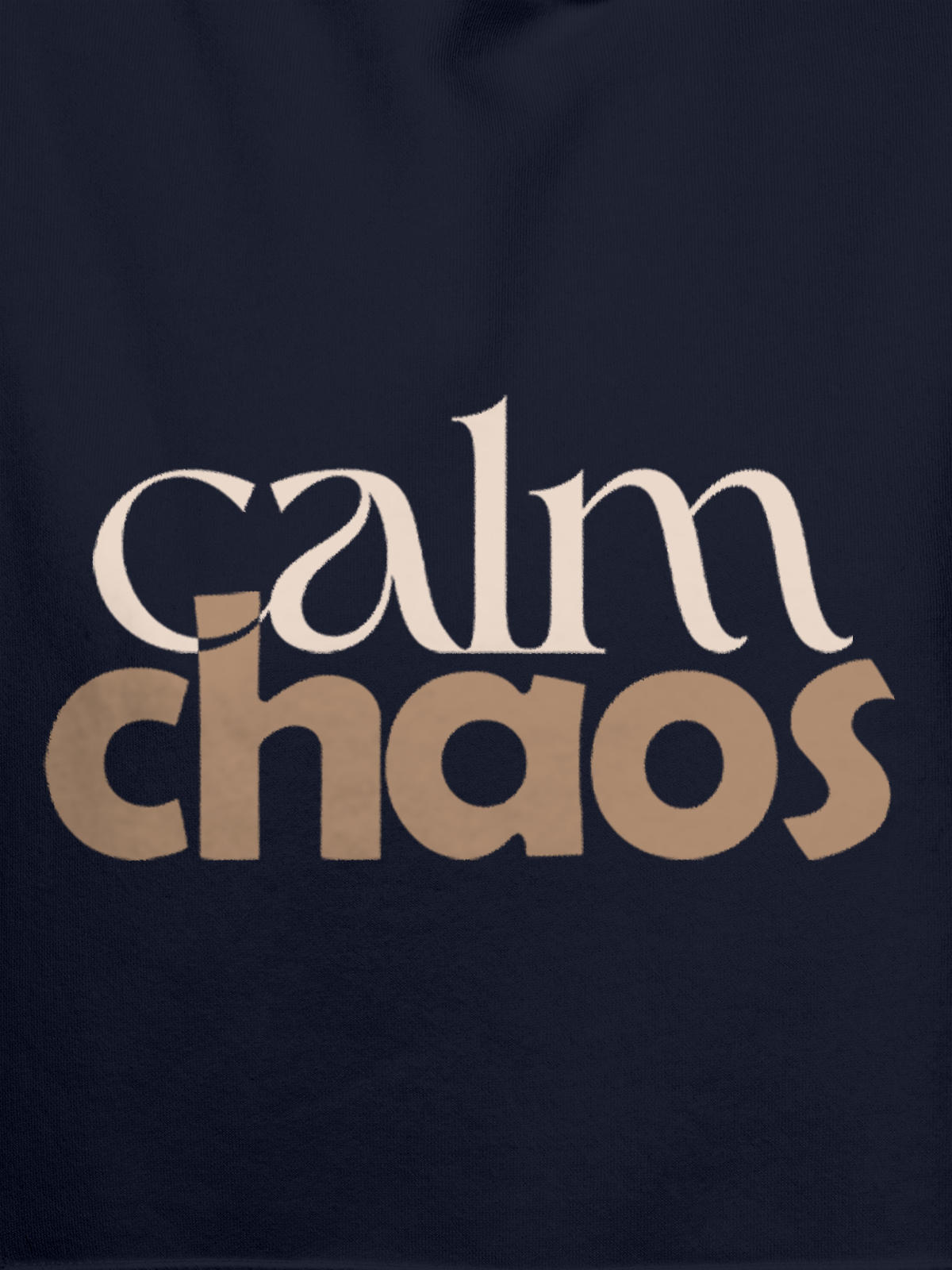 Close up of 'Calm Chaos' design on Women's Navy Blue Hoodie Sweatshirt, highlighting intricate details and vibrant print.