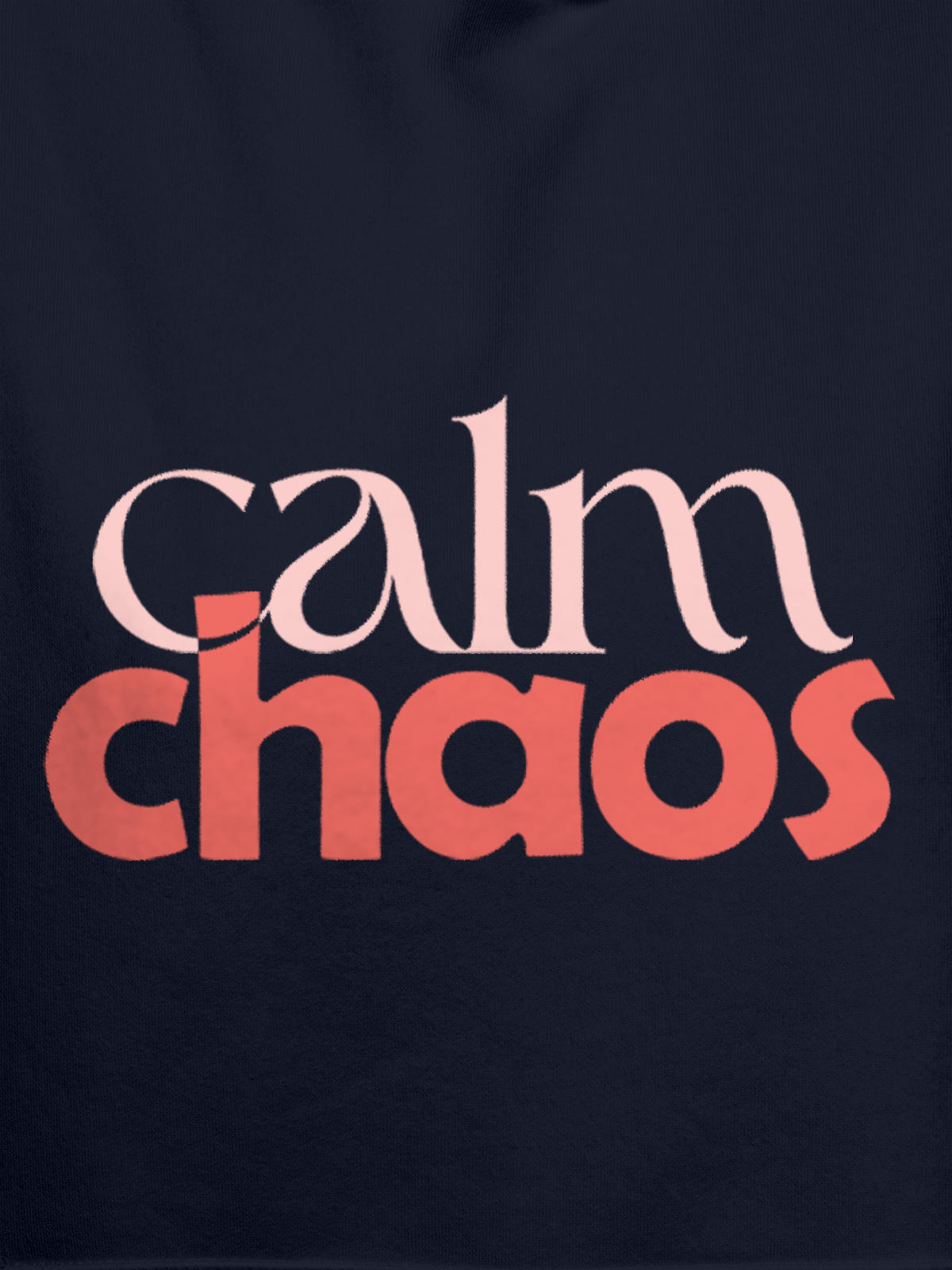 Close up of 'Calm Chaos' design on Women's Navy Blue Hoodie Sweatshirt, highlighting intricate details and vibrant print.
