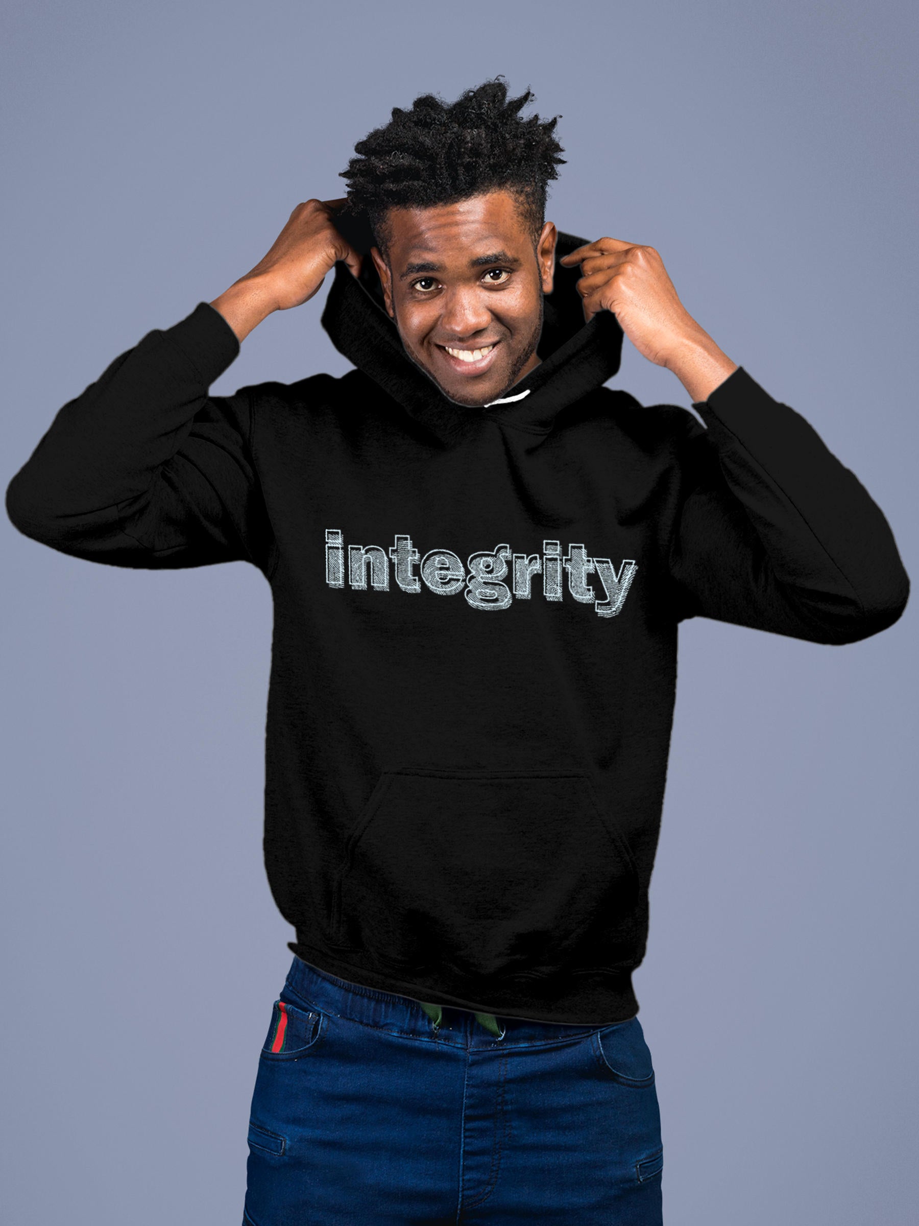 Model wearing Men's Black Hoodie Sweatshirt with 'Integrity' design, offering effortless style and premium comfort