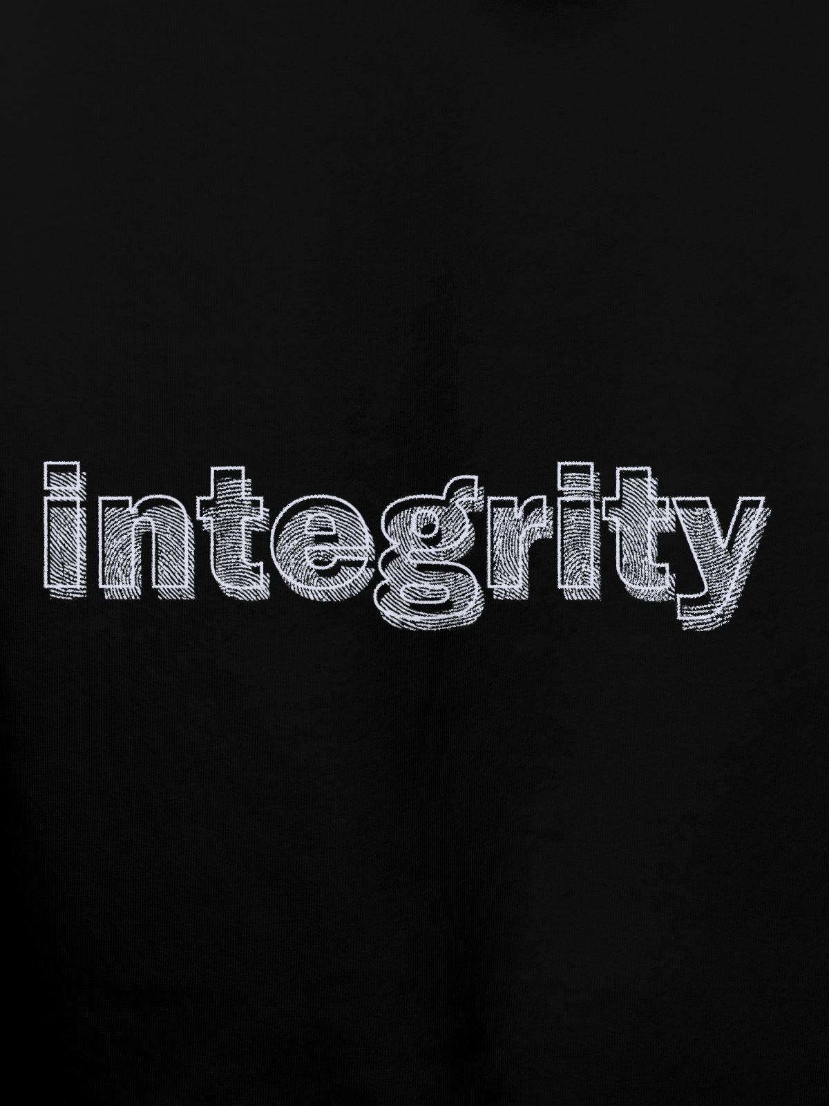 Close up of 'Integrity' design on Men's Black Hoodie Sweatshirt, highlighting intricate details and vibrant print.