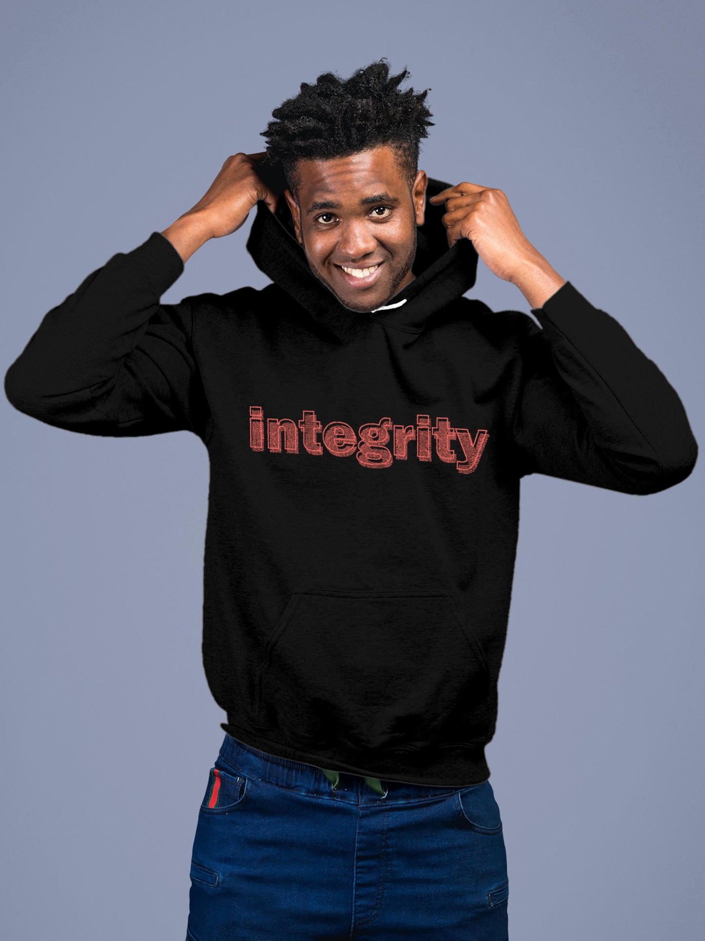 Model wearing Men's Black Hoodie Sweatshirt with 'Integrity' design, offering effortless style and premium comfort