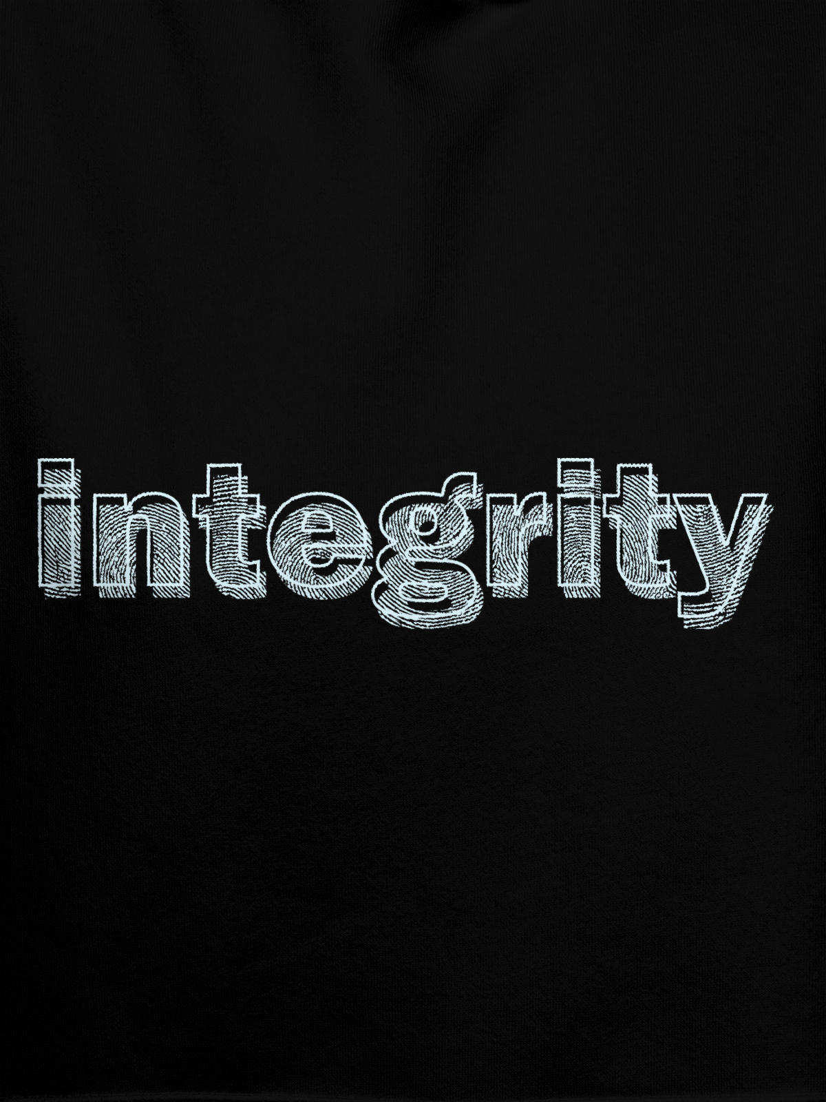 Close up of 'Integrity' design on Women's Black Hoodie Sweatshirt, highlighting intricate details and vibrant print.