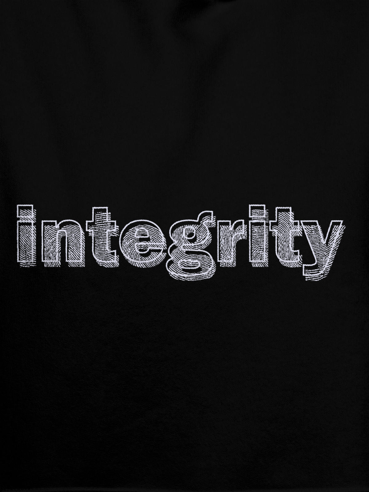 Close up of 'Integrity' design on Women's Black Hoodie Sweatshirt, highlighting intricate details and vibrant print.
