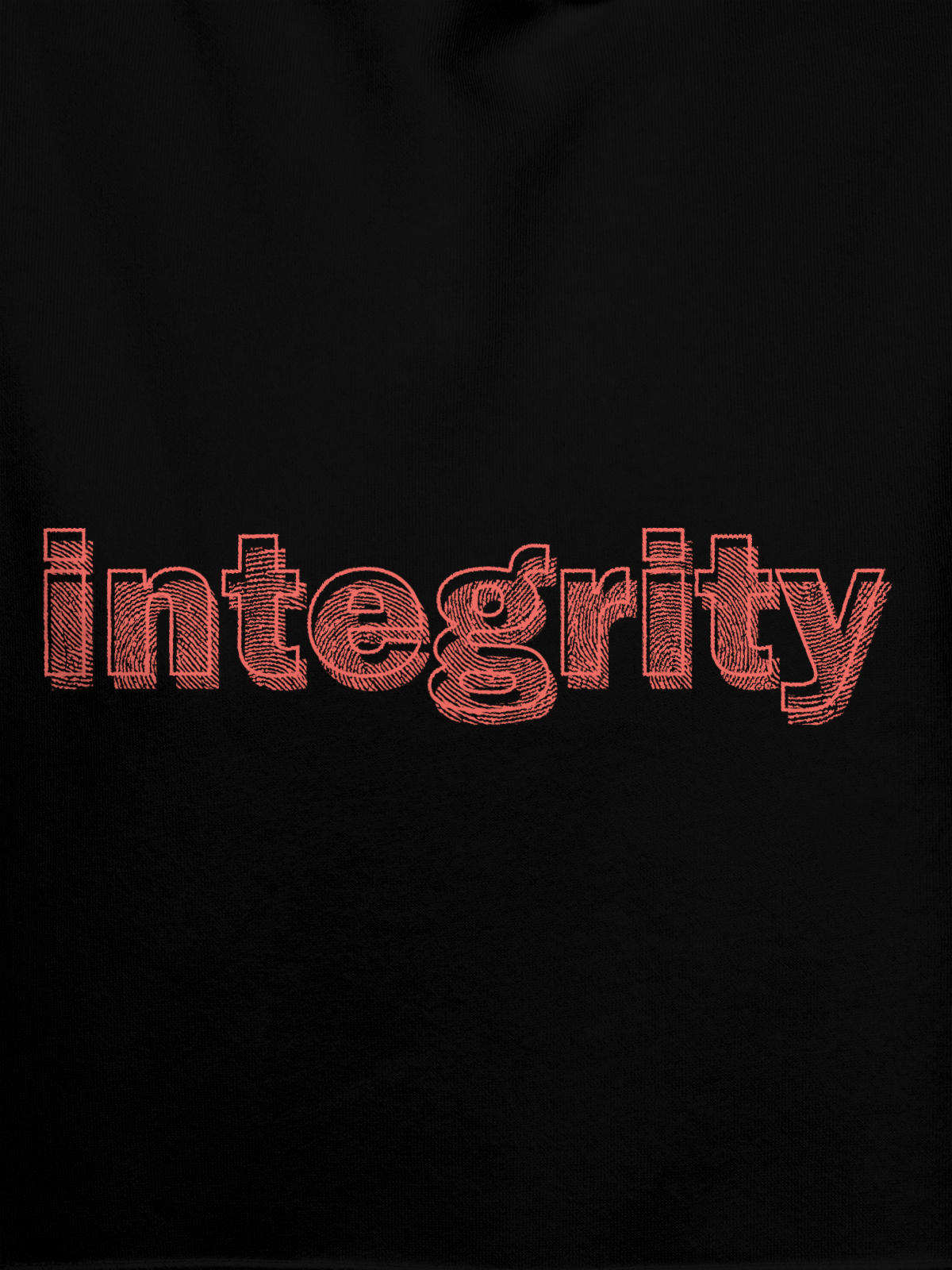 Close up of 'Integrity' design on Women's Black Hoodie Sweatshirt, highlighting intricate details and vibrant print.