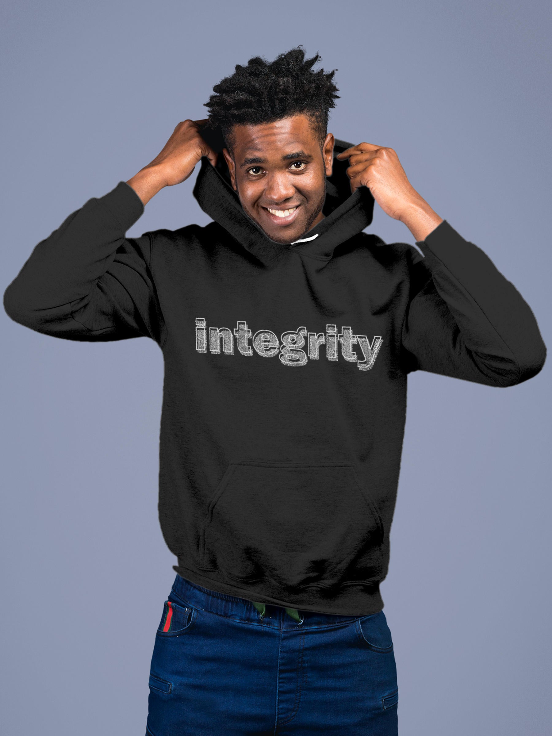 Model wearing Men's Dark Grey Hoodie Sweatshirt with 'Integrity' design, offering effortless style and premium comfort