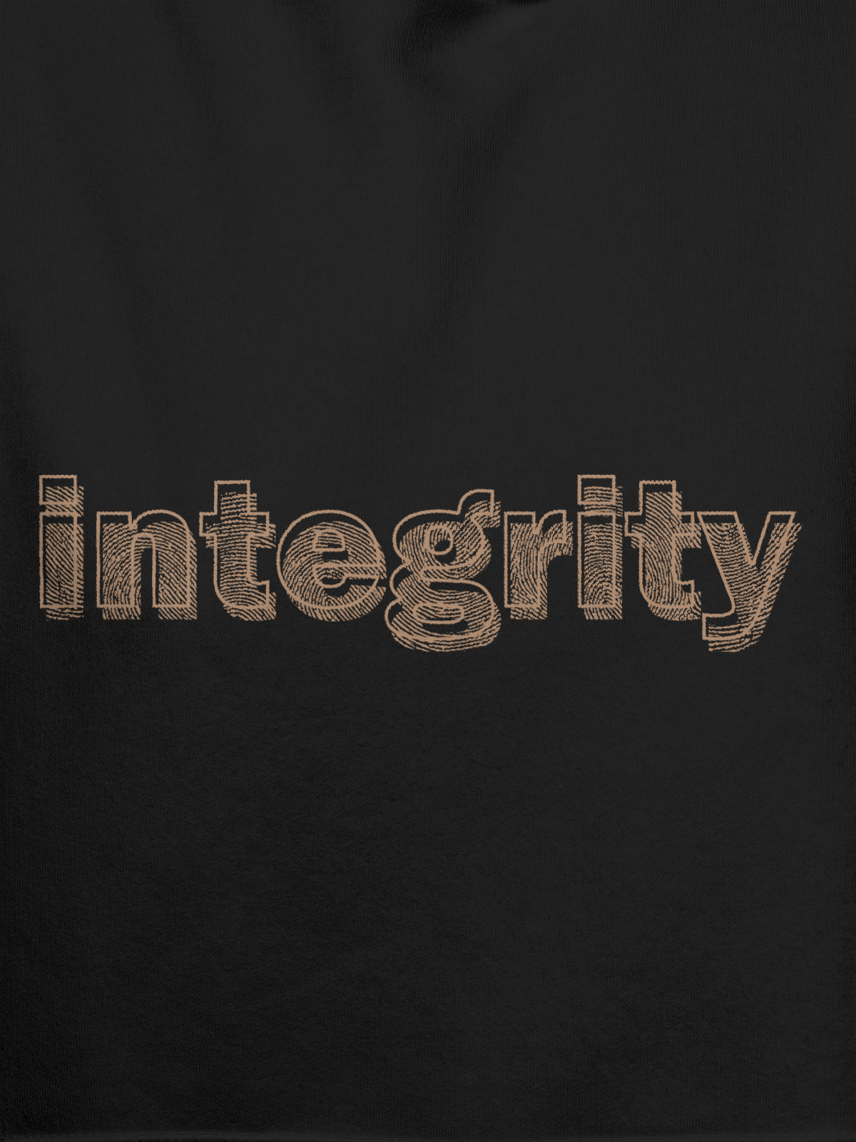 Close up of 'Integrity' design on Women's Dark Grey Hoodie Sweatshirt, highlighting intricate details and vibrant print.