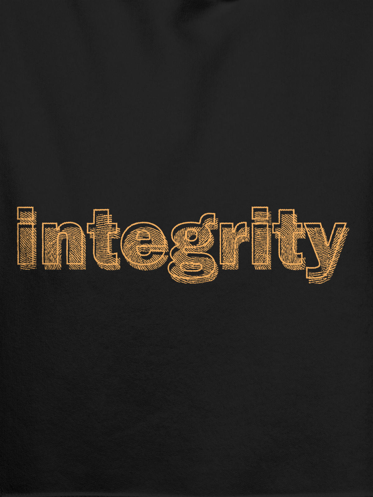 Close up of 'Integrity' design on Women's Dark Grey Hoodie Sweatshirt, highlighting intricate details and vibrant print.