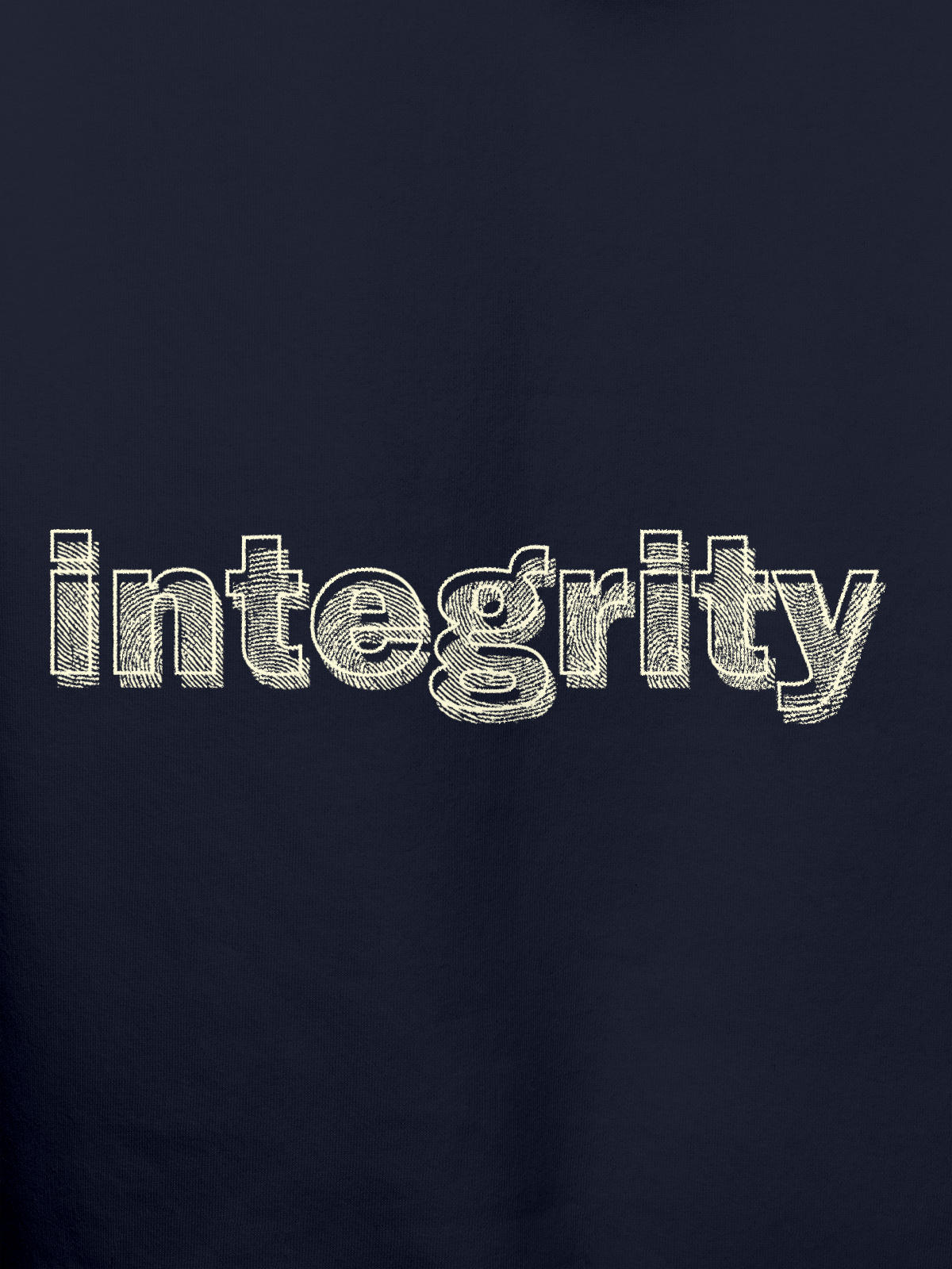 Close up of 'Integrity' design on Men's Navy Blue Hoodie Sweatshirt, highlighting intricate details and vibrant print.