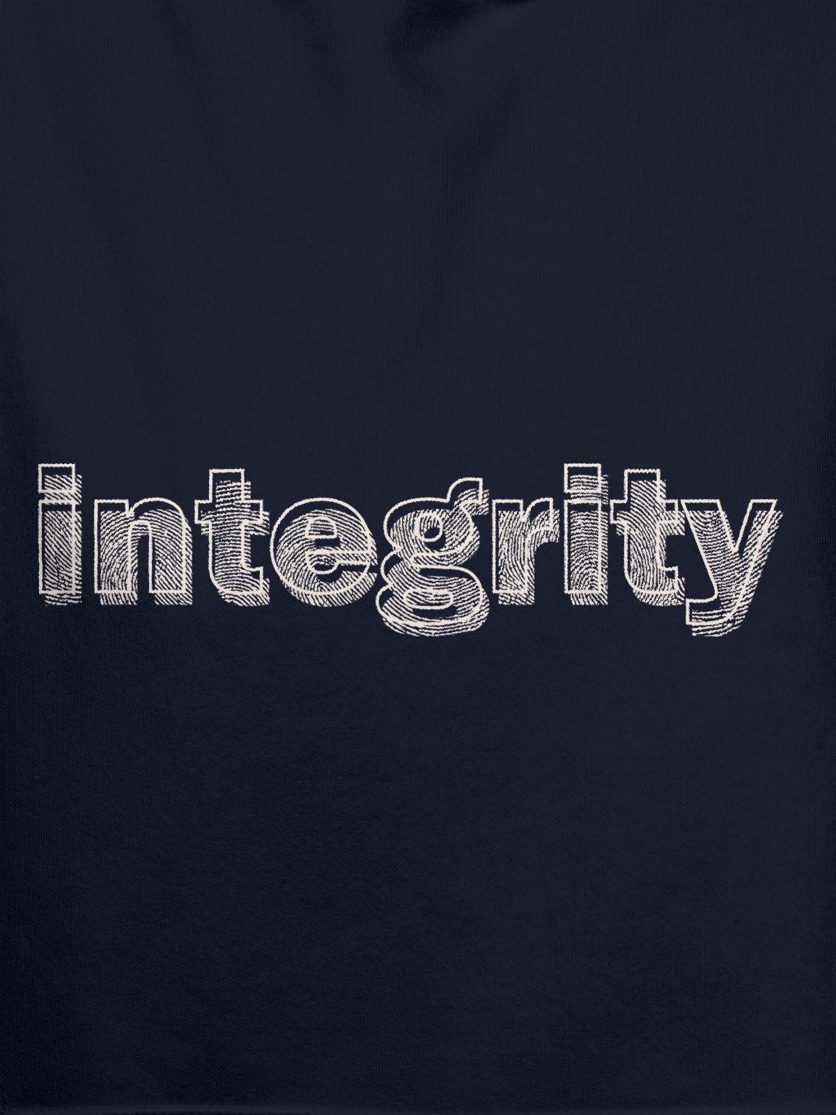 Close up of 'Integrity' design on Women's Navy Blue Hoodie Sweatshirt, highlighting intricate details and vibrant print.