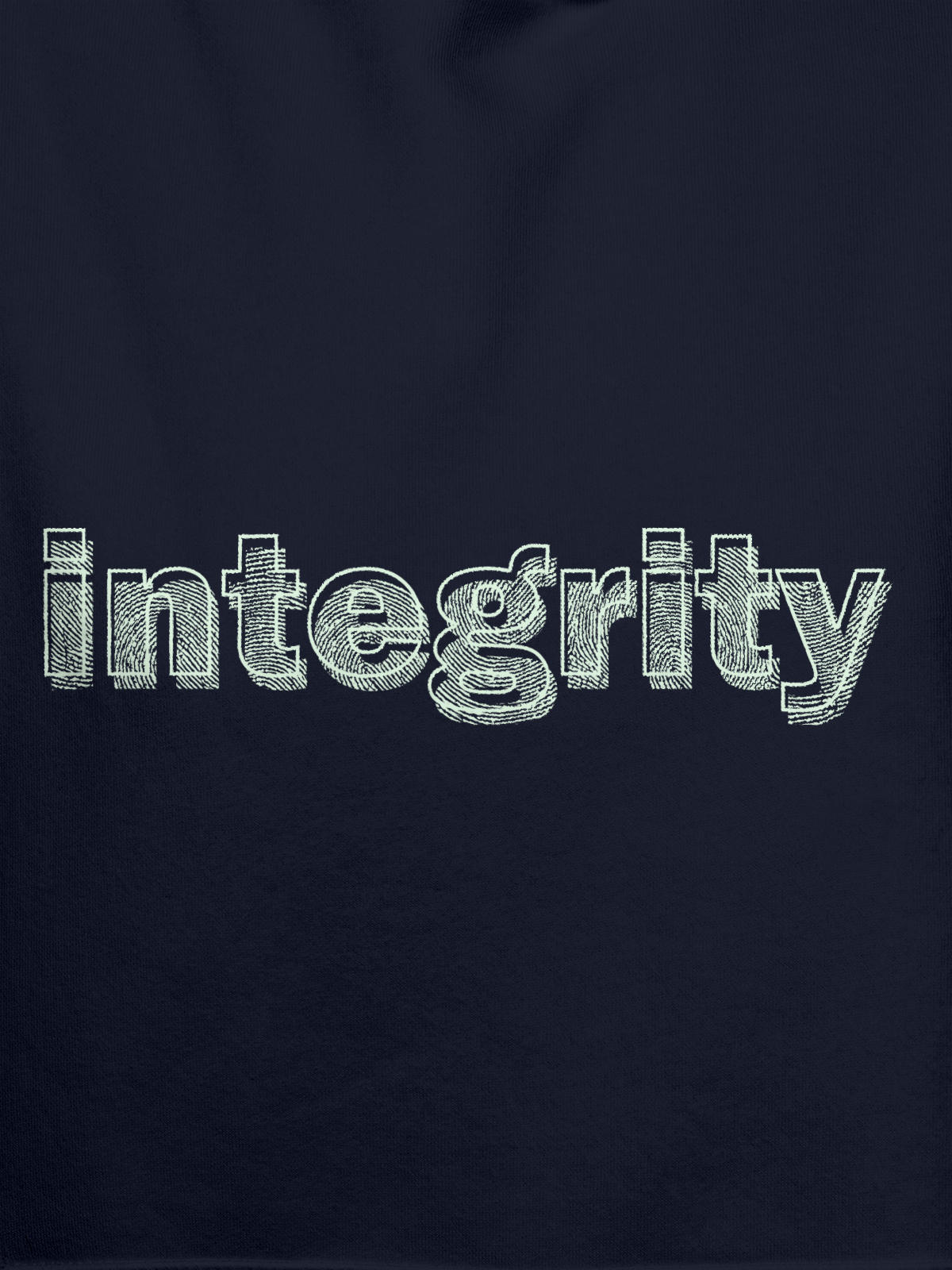 Close up of 'Integrity' design on Women's Navy Blue Hoodie Sweatshirt, highlighting intricate details and vibrant print.