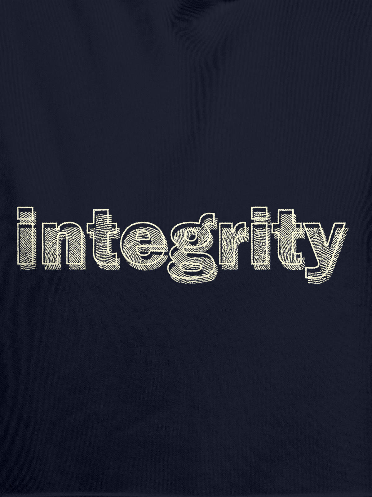Close up of 'Integrity' design on Women's Navy Blue Hoodie Sweatshirt, highlighting intricate details and vibrant print.
