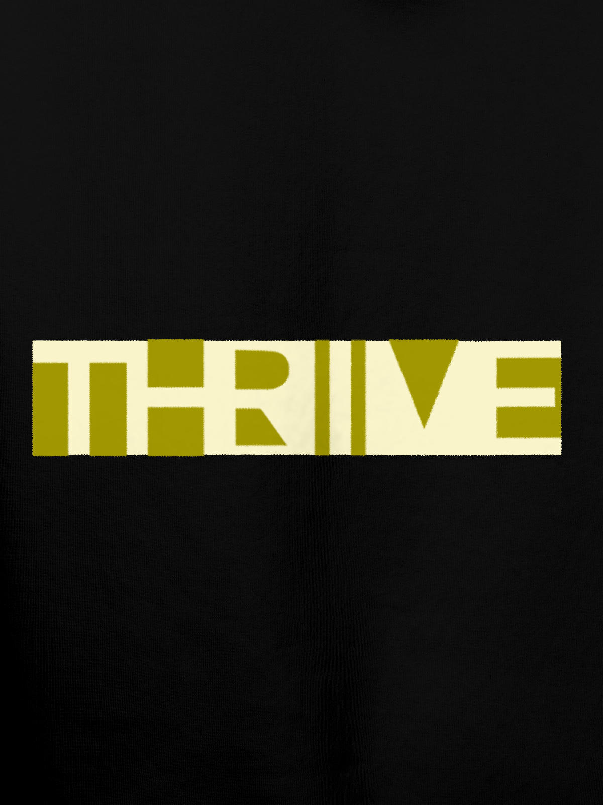 Close up of 'Thrive' design on Men's Black Hoodie Sweatshirt, highlighting intricate details and vibrant print.