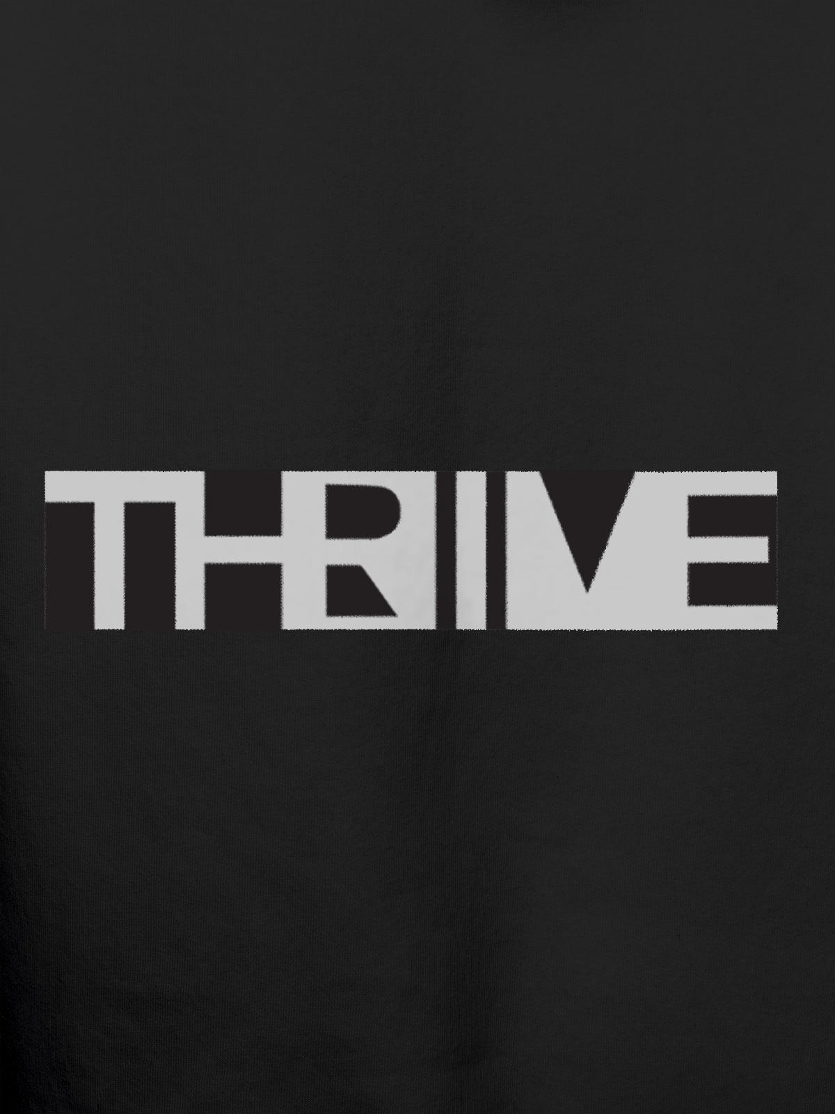 Close up of 'Thrive' design on Men's Dark Grey Hoodie Sweatshirt, highlighting intricate details and vibrant print.