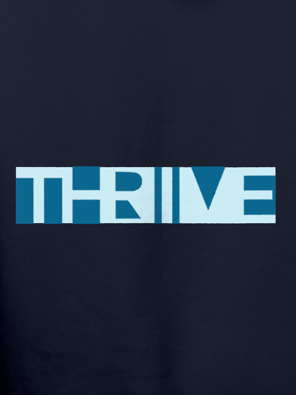 Close up of 'Thrive' design on Men's Navy Blue Hoodie Sweatshirt, highlighting intricate details and vibrant print.