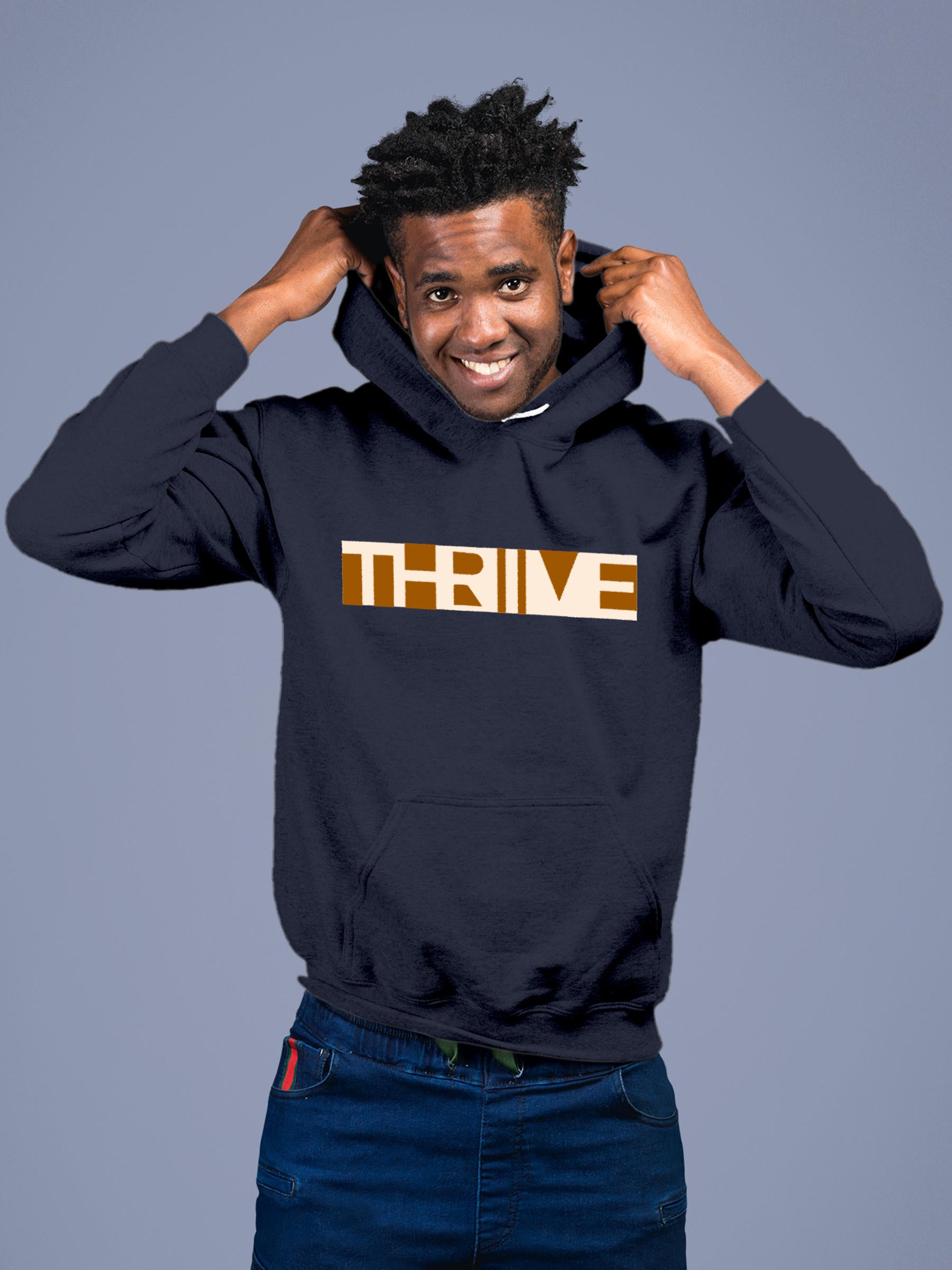 Model wearing Men's Navy Blue Hoodie Sweatshirt with 'Thrive' design, offering effortless style and premium comfort
