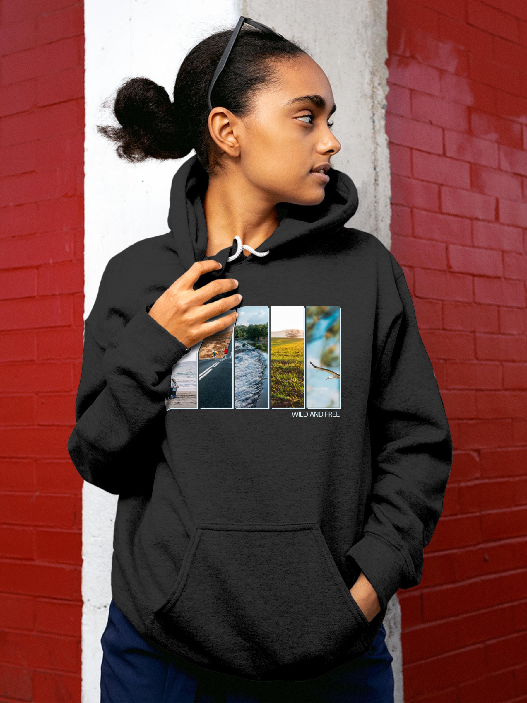 Model wearing Women's Dark Grey Hoodie Sweatshirt with 'Wild & Free' design, offering effortless style and premium comfort