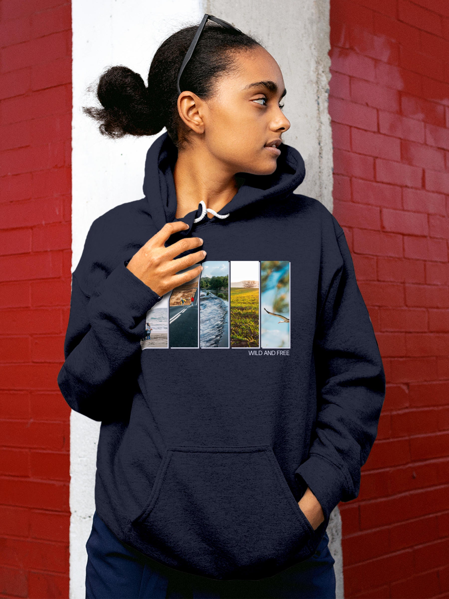 Model wearing Women's Navy Blue Hoodie Sweatshirt with 'Wild & Free' design, offering effortless style and premium comfort