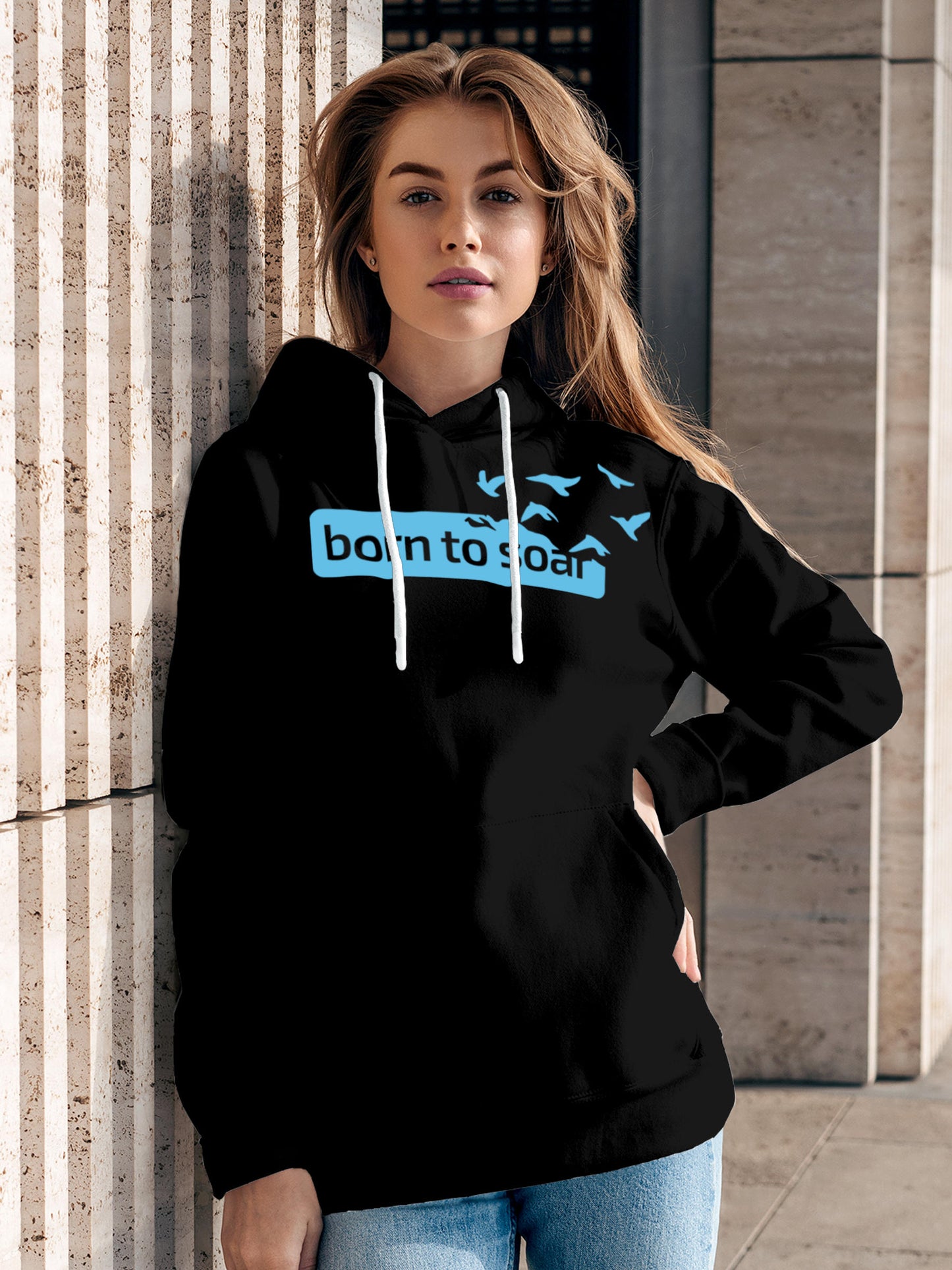 Model wearing Women's Black Hoodie Sweatshirt with 'Born To Soar' design, offering effortless style and premium comfort