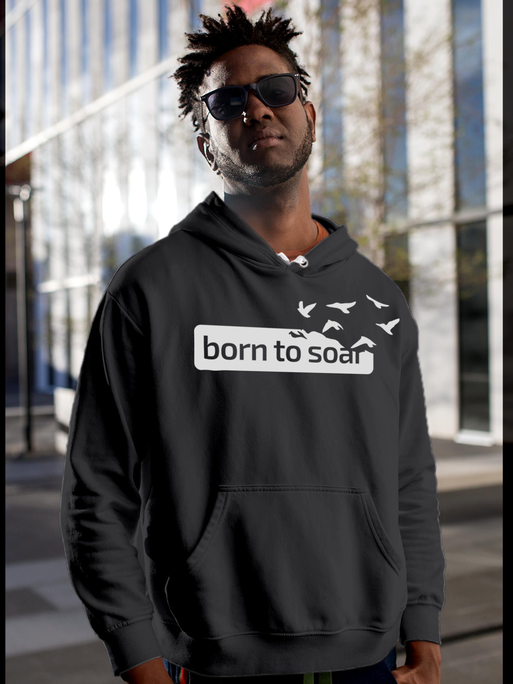 Model wearing Men's Dark Grey Hoodie Sweatshirt with 'Born To Soar' design, offering effortless style and premium comfort