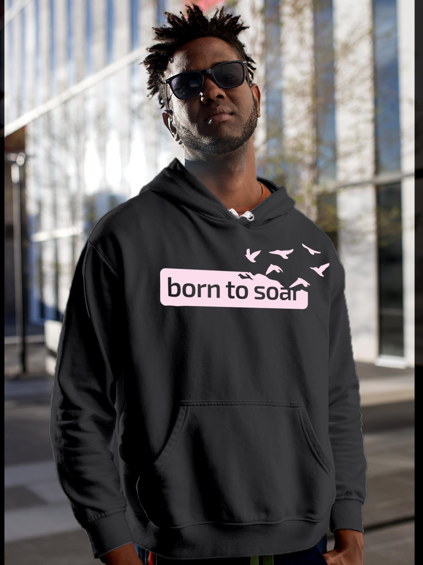 Model wearing Men's Dark Grey Hoodie Sweatshirt with 'Born To Soar' design, offering effortless style and premium comfort