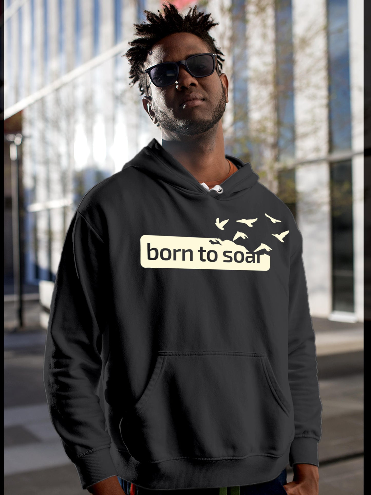 Model wearing Men's Dark Grey Hoodie Sweatshirt with 'Born To Soar' design, offering effortless style and premium comfort