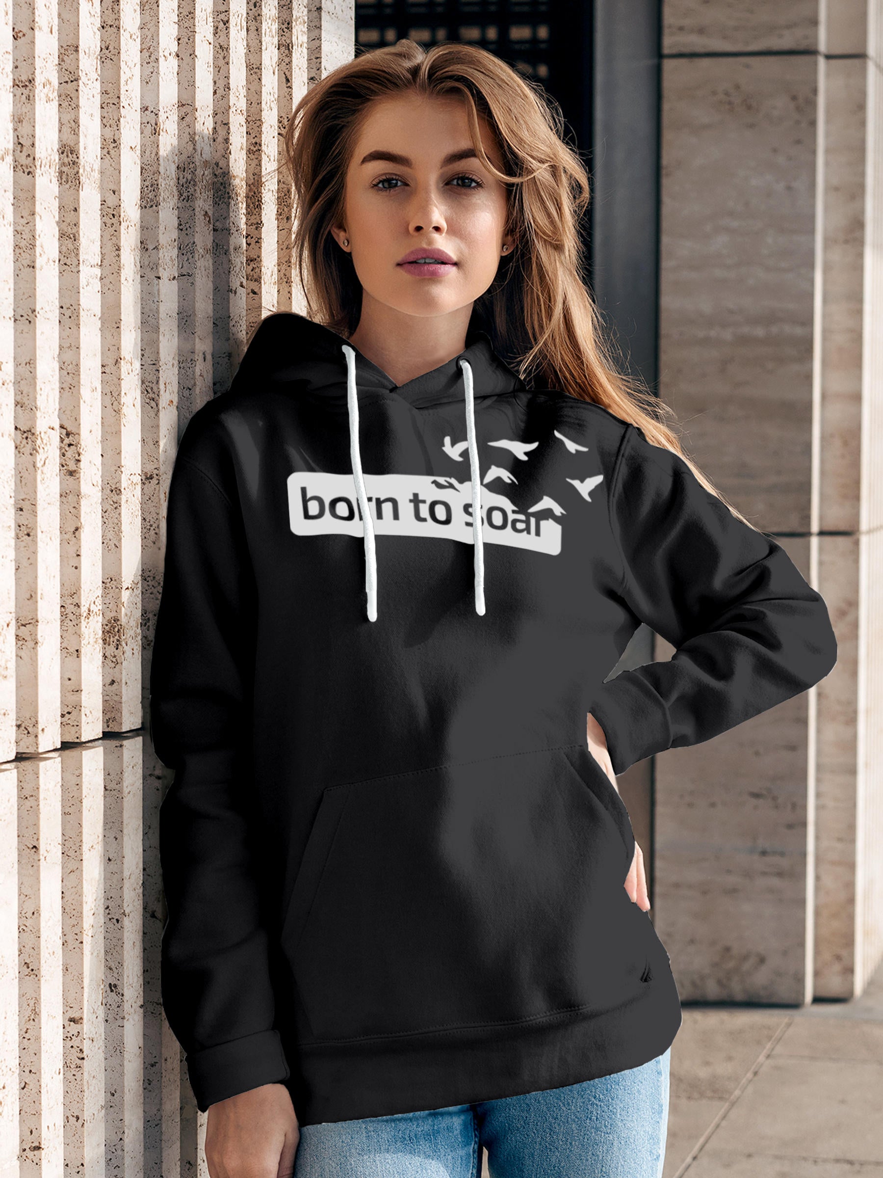 Model wearing Women's Dark Grey Hoodie Sweatshirt with 'Born To Soar' design, offering effortless style and premium comfort