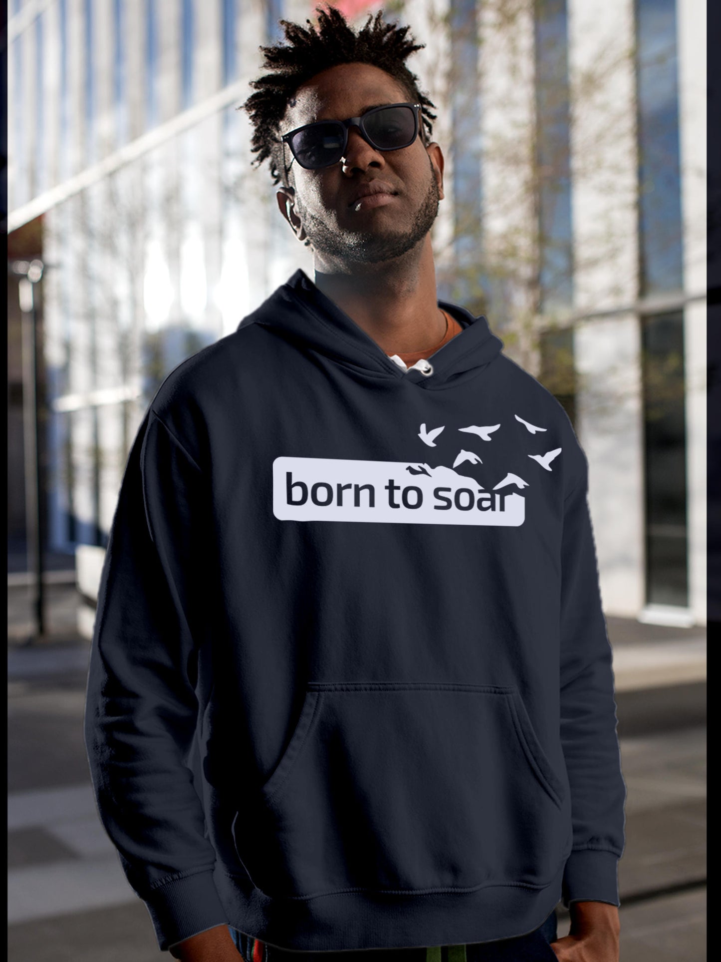 Model wearing Men's Navy Blue Hoodie Sweatshirt with 'Born To Soar' design, offering effortless style and premium comfort