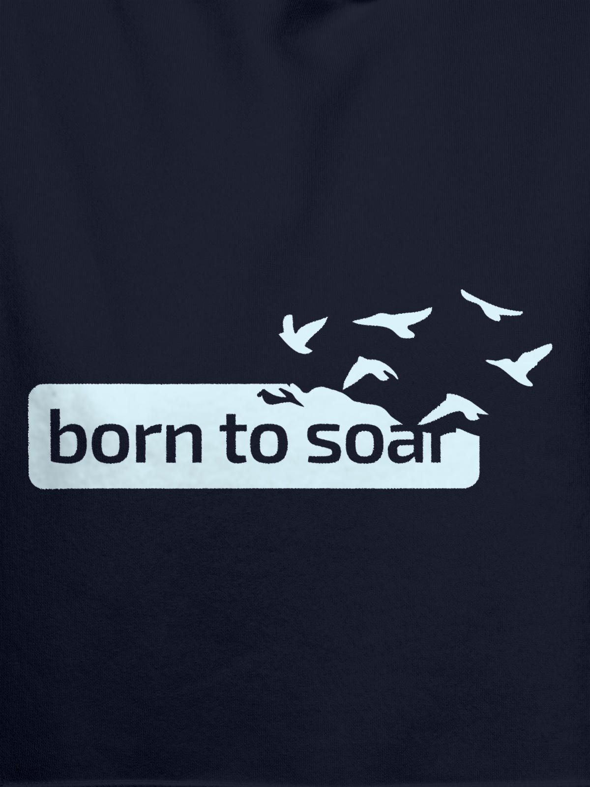Close up of 'Born To Soar' design on Women's Navy Blue Hoodie Sweatshirt, highlighting intricate details and vibrant print.