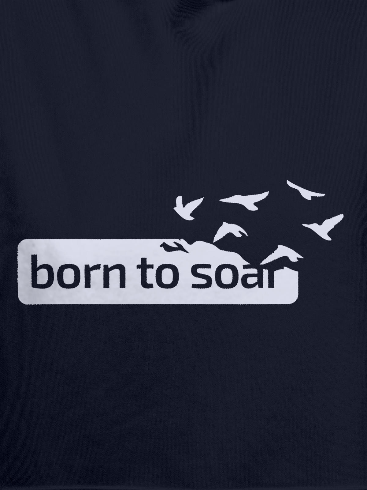 Close up of 'Born To Soar' design on Women's Navy Blue Hoodie Sweatshirt, highlighting intricate details and vibrant print.