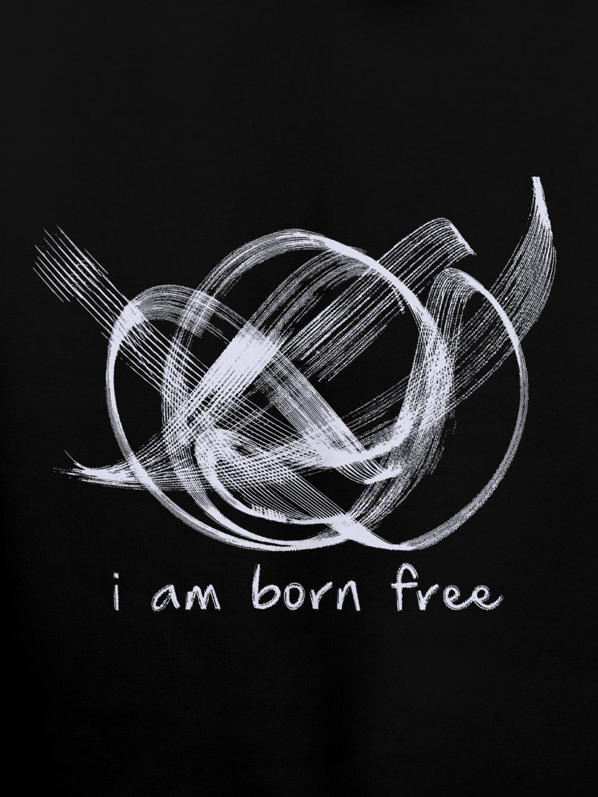 Close up of 'Born Free' design on Men's Black Hoodie Sweatshirt, highlighting intricate details and vibrant print.