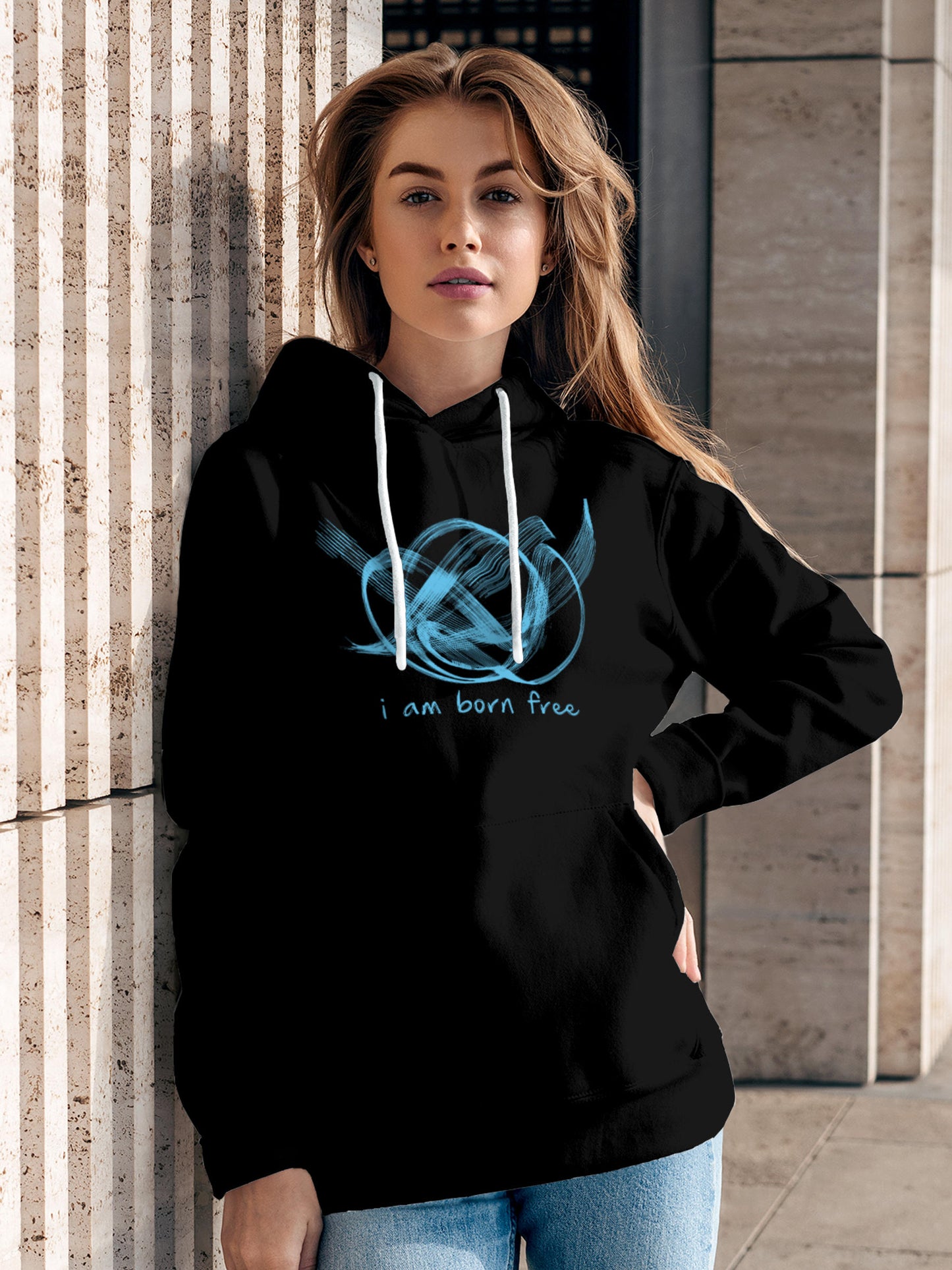 Model wearing Women's Black Hoodie Sweatshirt with 'Born Free' design, offering effortless style and premium comfort