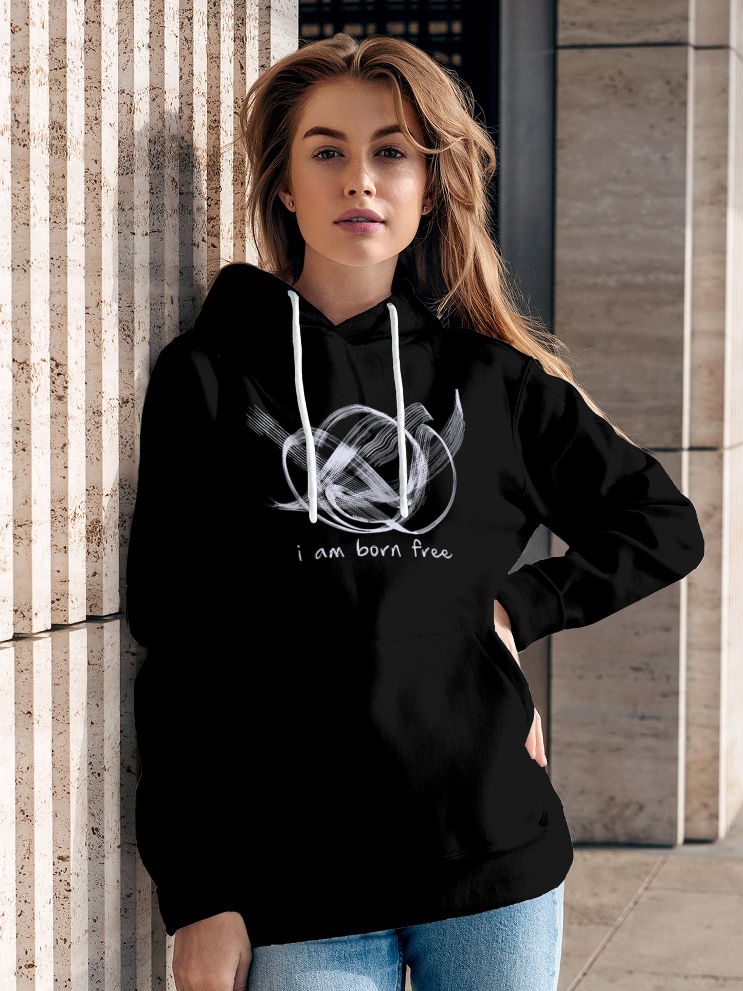 Model wearing Women's Black Hoodie Sweatshirt with 'Born Free' design, offering effortless style and premium comfort
