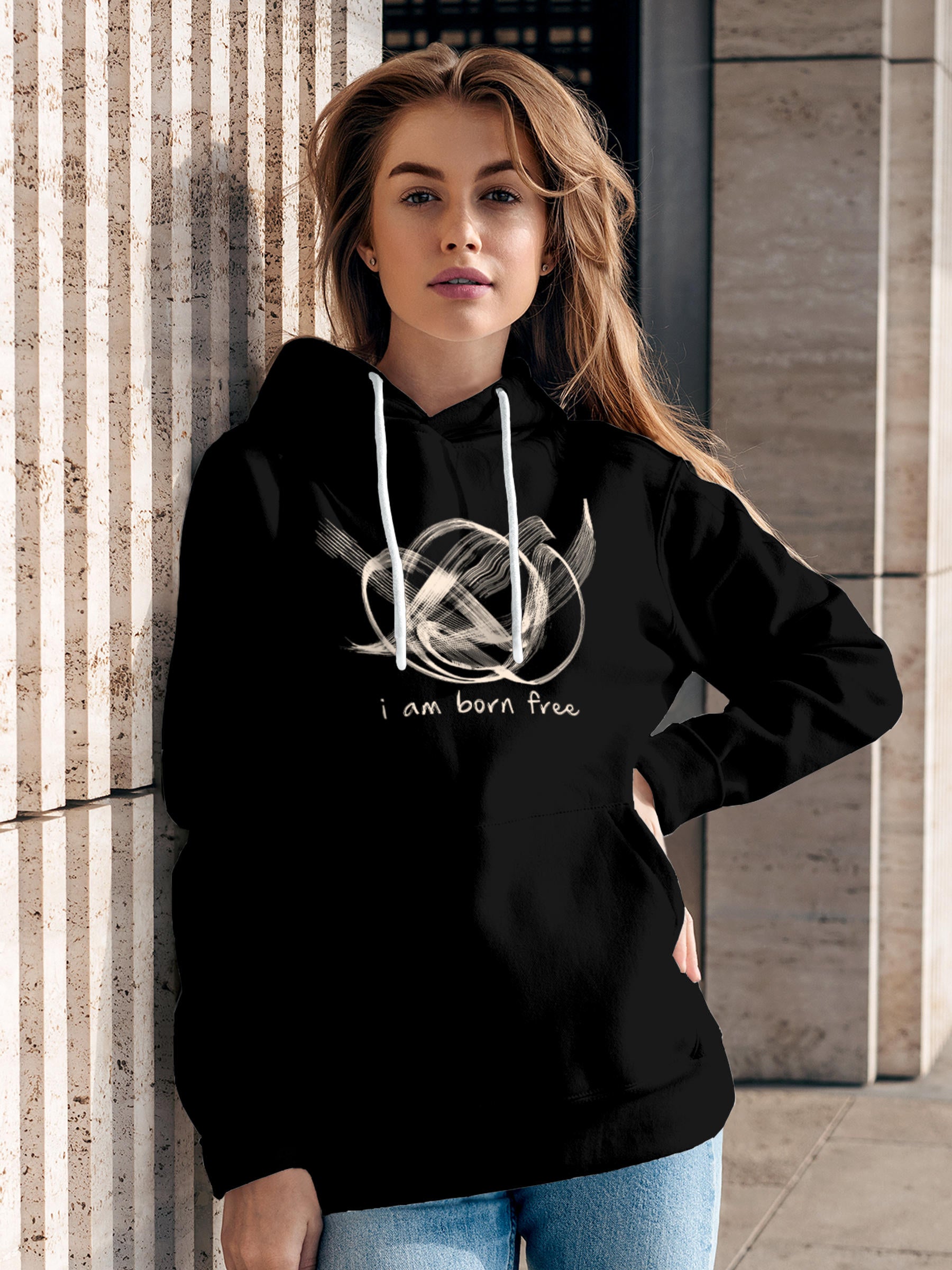 Model wearing Women's Black Hoodie Sweatshirt with 'Born Free' design, offering effortless style and premium comfort