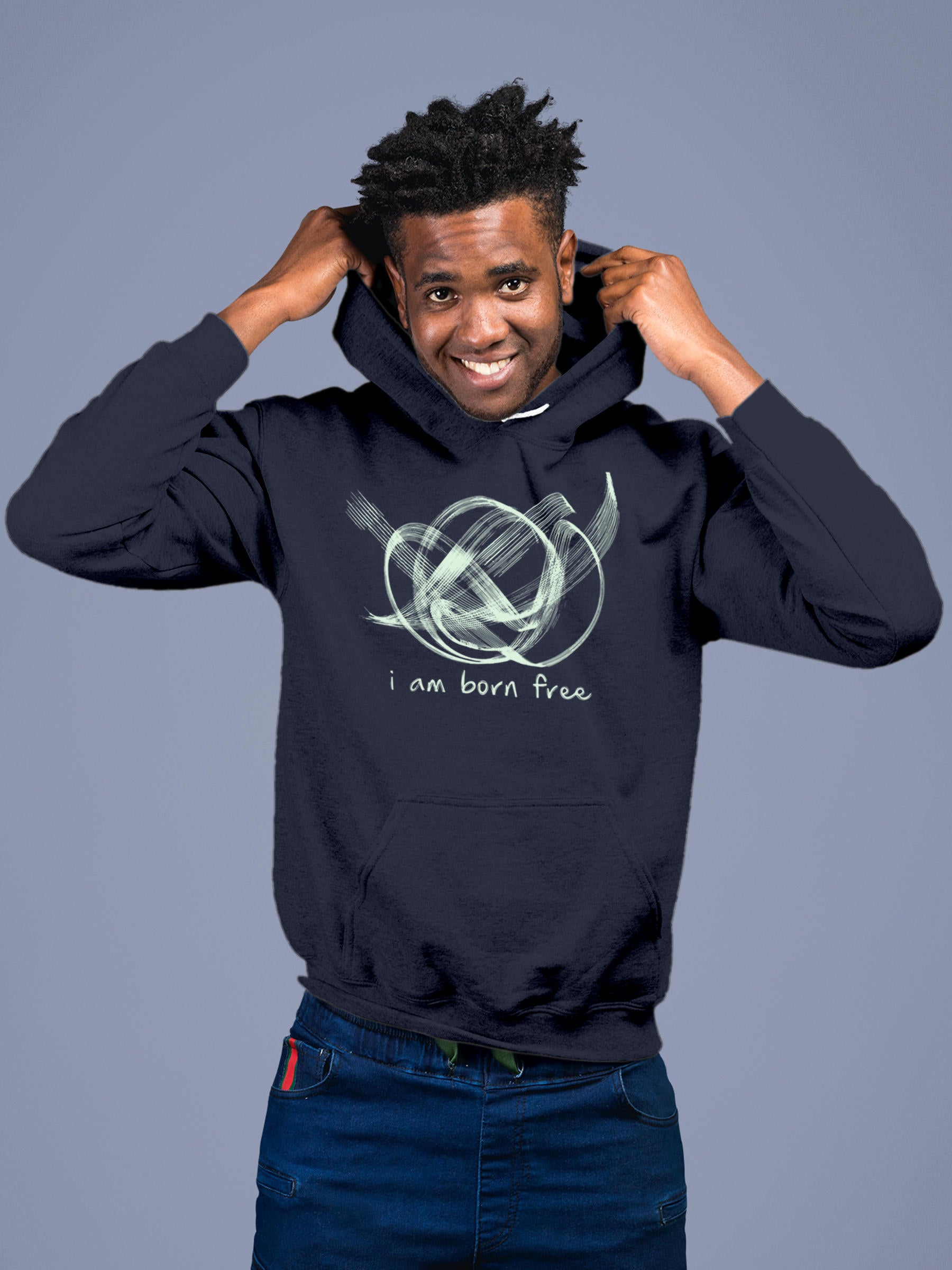 Model wearing Men's Navy Blue Hoodie Sweatshirt with 'Born Free' design, offering effortless style and premium comfort