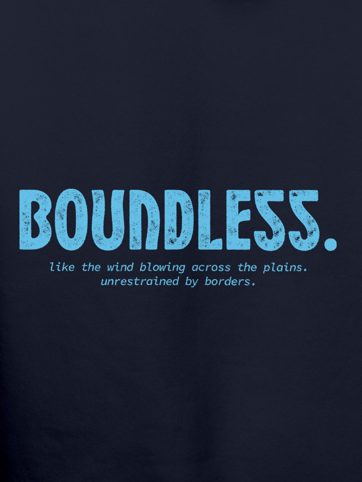 Close up of 'Boundless' design on Men's Navy Blue Hoodie Sweatshirt, highlighting intricate details and vibrant print.