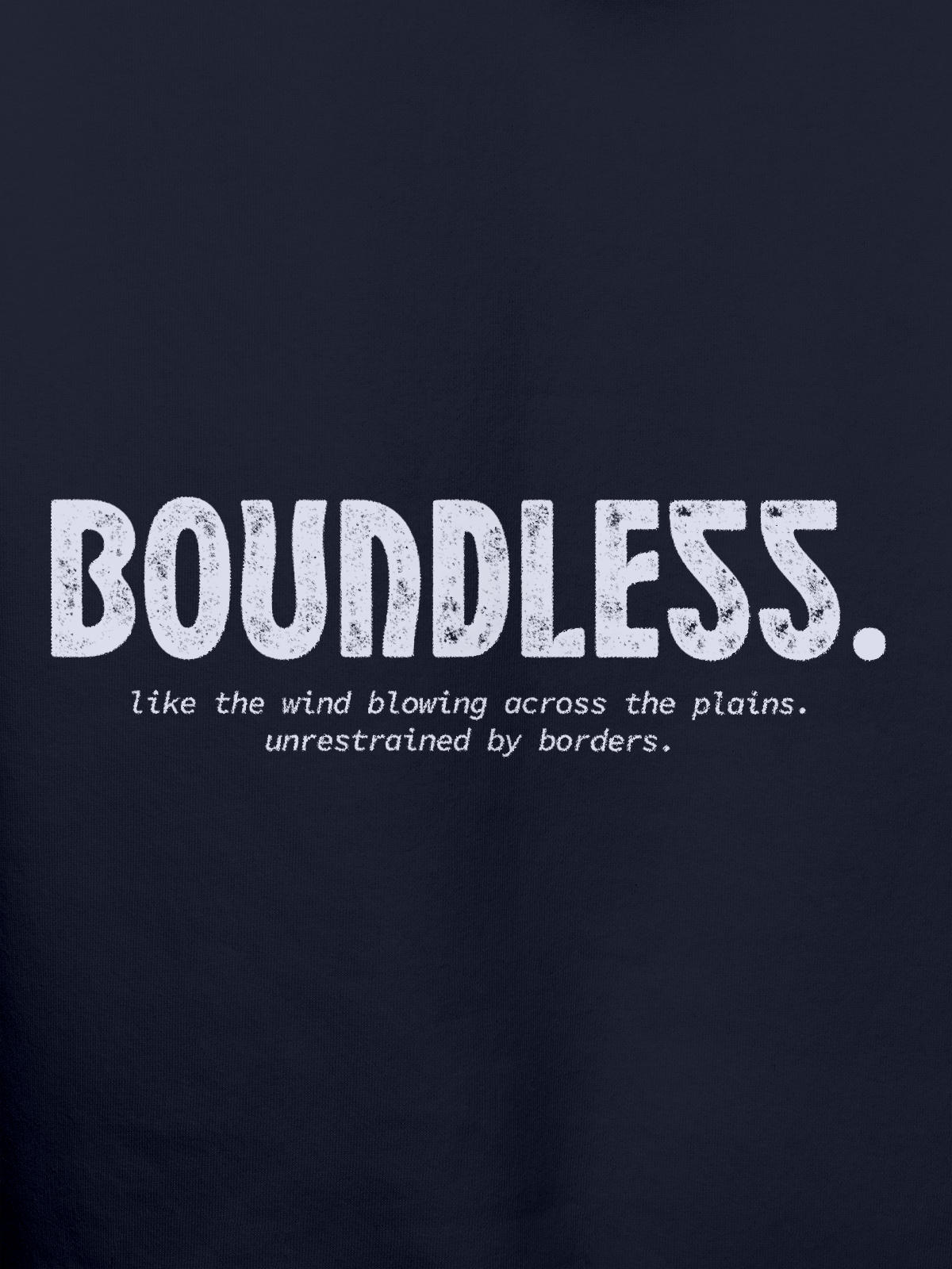 Close up of 'Boundless' design on Men's Navy Blue Hoodie Sweatshirt, highlighting intricate details and vibrant print.