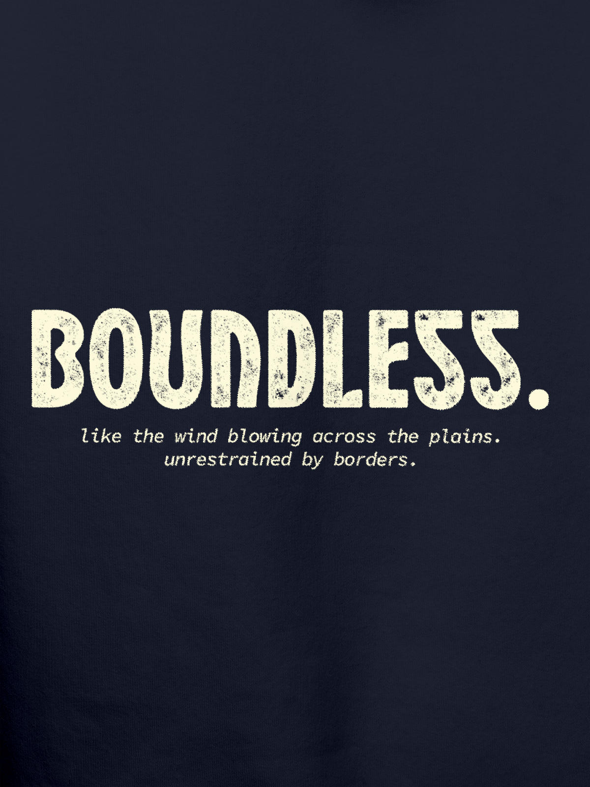 Close up of 'Boundless' design on Men's Navy Blue Hoodie Sweatshirt, highlighting intricate details and vibrant print.