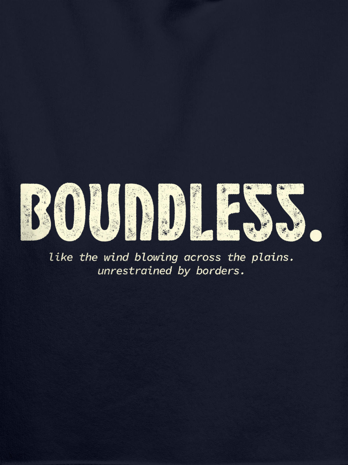 Close up of 'Boundless' design on Women's Navy Blue Hoodie Sweatshirt, highlighting intricate details and vibrant print.