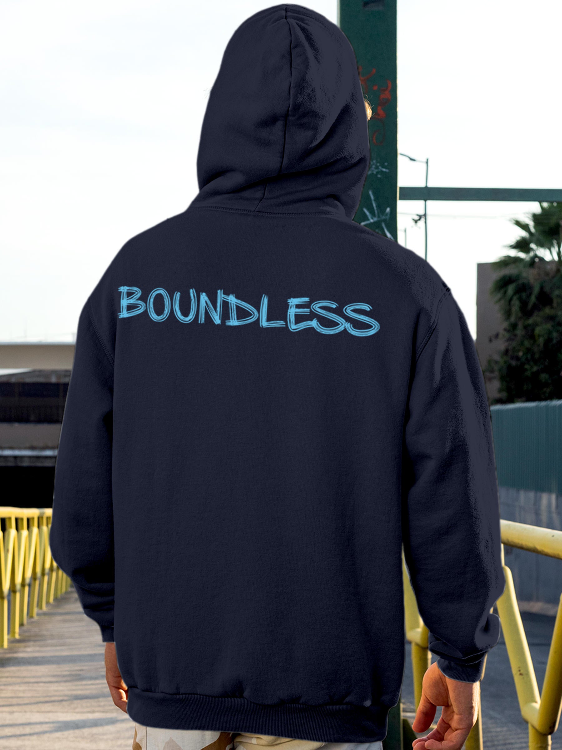 Model wearing Men's Navy Blue Hoodie Sweatshirt with 'Boundless' design, offering effortless style and premium comfort