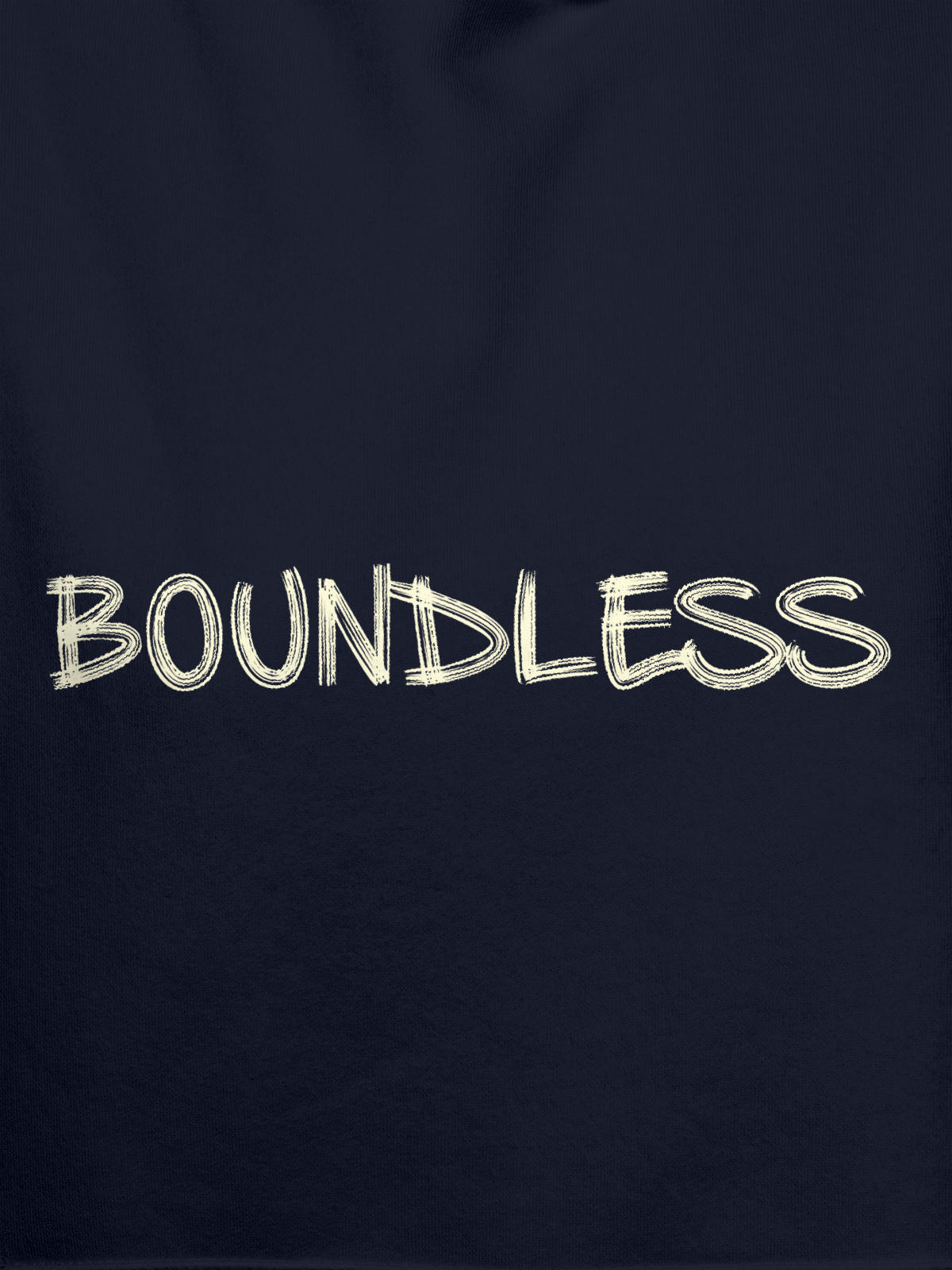 Close up of 'Boundless' design on Men's Navy Blue Hoodie Sweatshirt, highlighting intricate details and vibrant print.