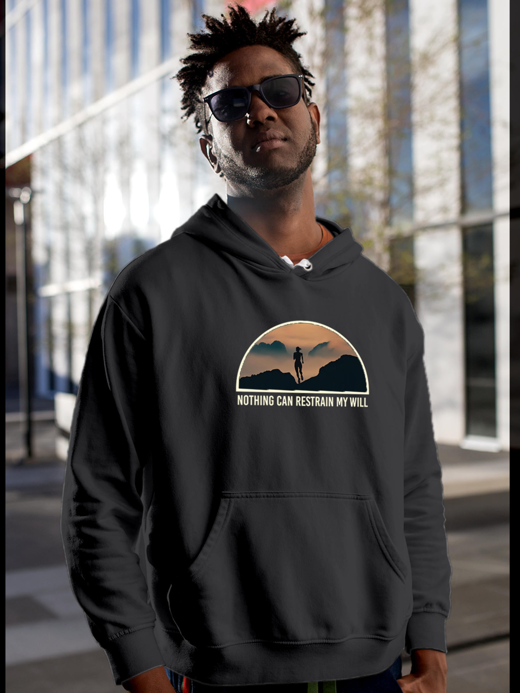 Model wearing Men's Dark Grey Hoodie Sweatshirt with 'Limitless Will' design, offering effortless style and premium comfort
