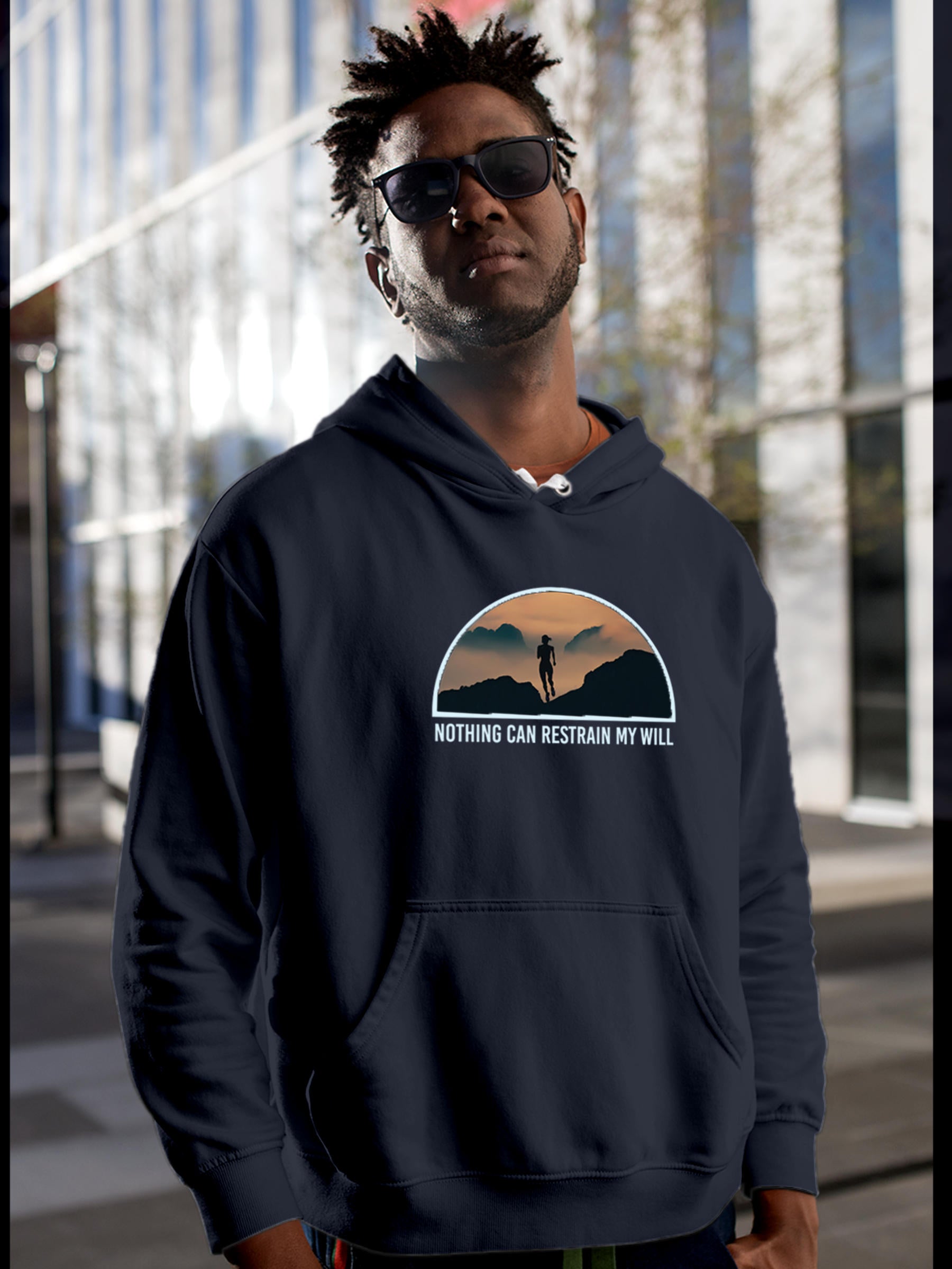 Model wearing Men's Navy Blue Hoodie Sweatshirt with 'Limitless Will' design, offering effortless style and premium comfort