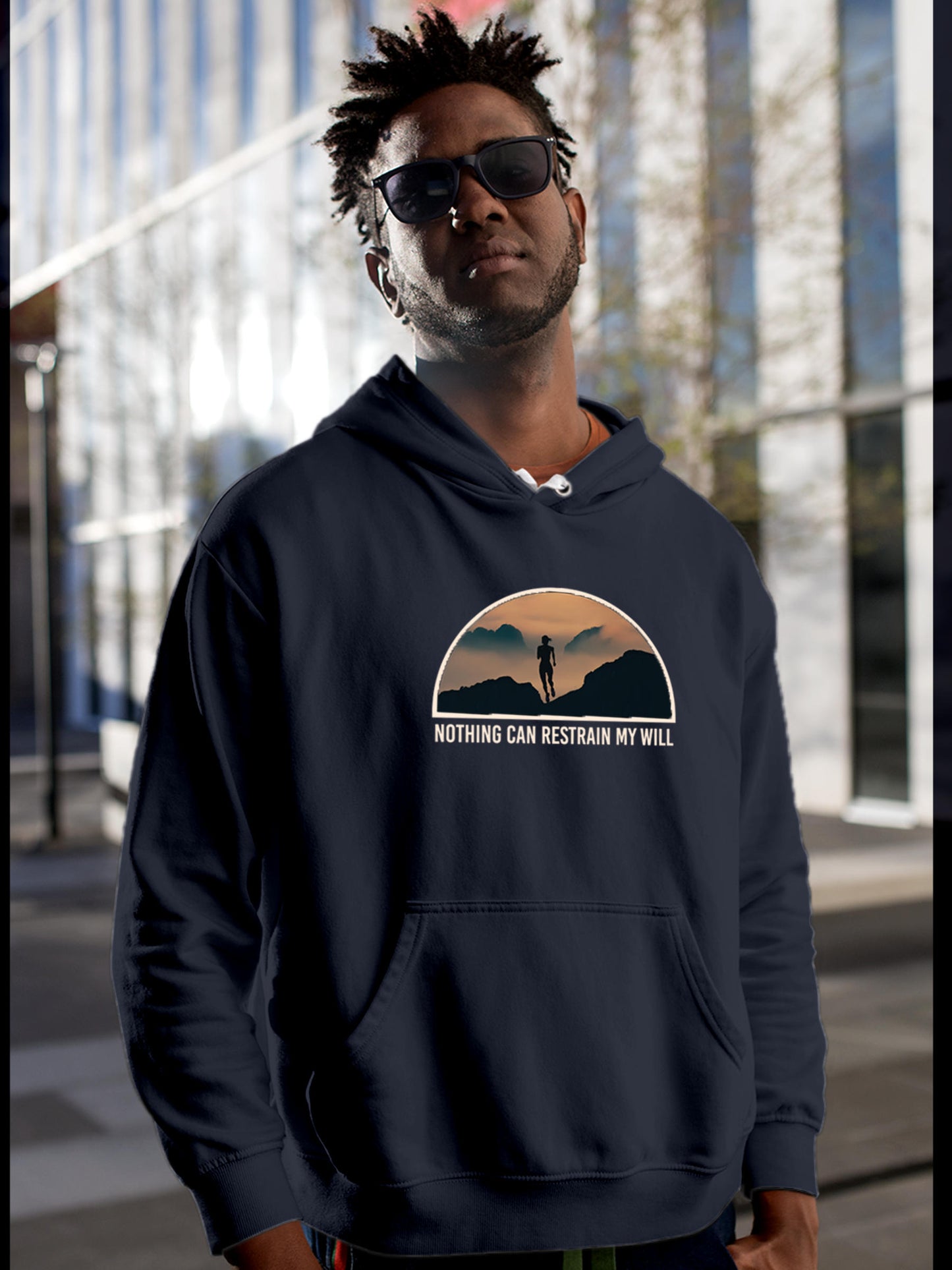 Model wearing Men's Navy Blue Hoodie Sweatshirt with 'Limitless Will' design, offering effortless style and premium comfort