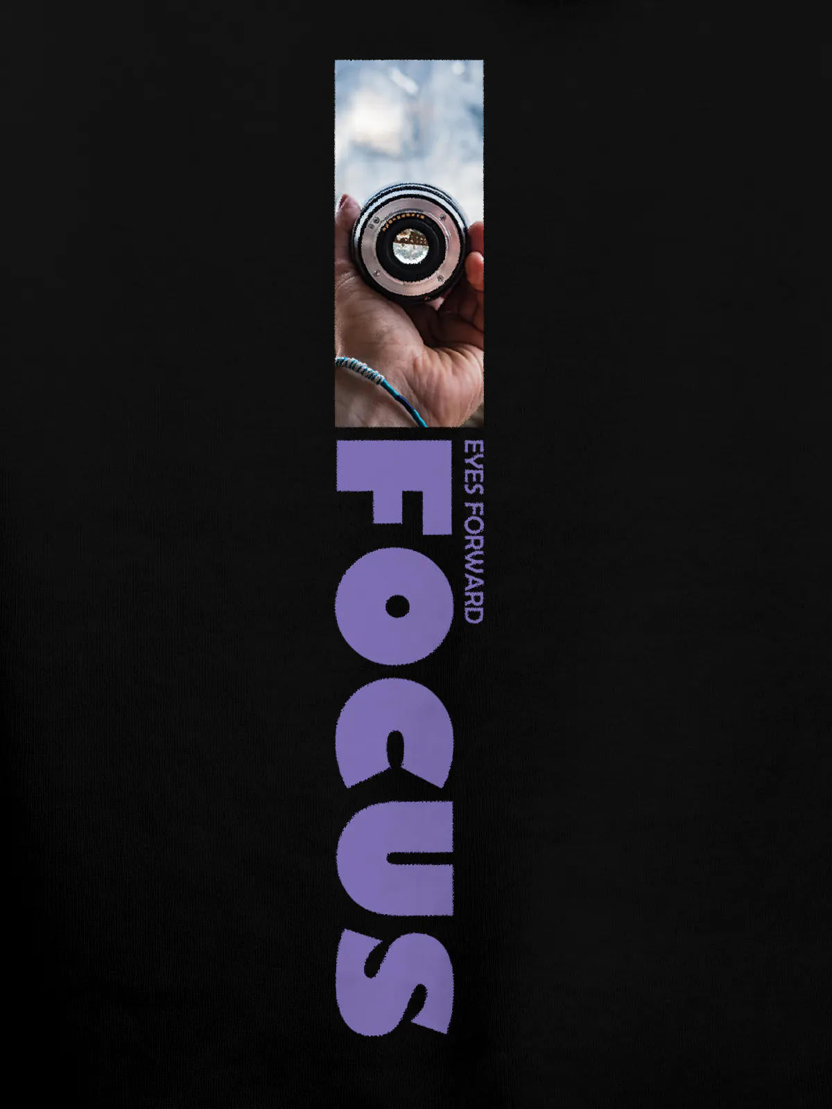 Close up of 'Focus' design on Men's Black Hoodie Sweatshirt, highlighting intricate details and vibrant print.