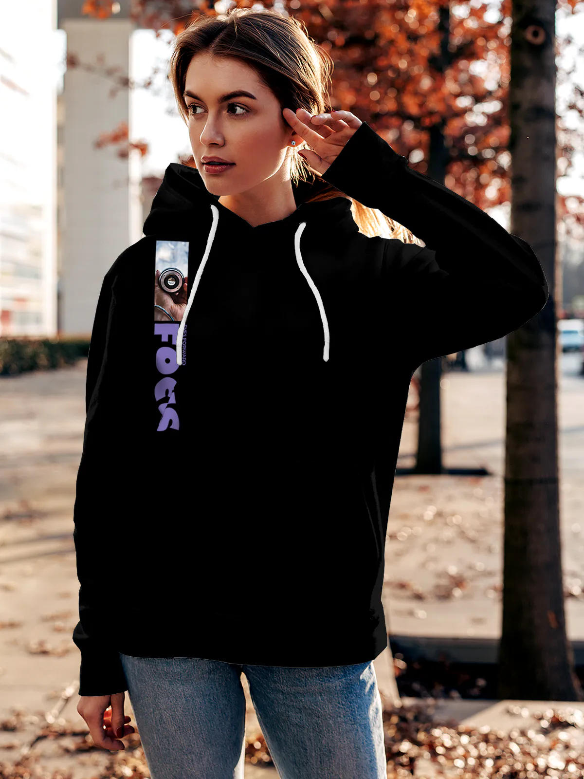 Model wearing Women's Black Hoodie Sweatshirt with 'Focus' design, offering effortless style and premium comfort