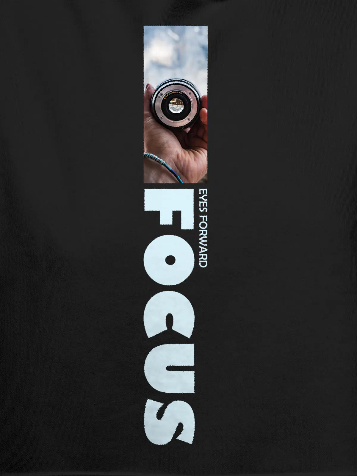 Close up of 'Focus' design on Women's Dark Grey Hoodie Sweatshirt, highlighting intricate details and vibrant print.