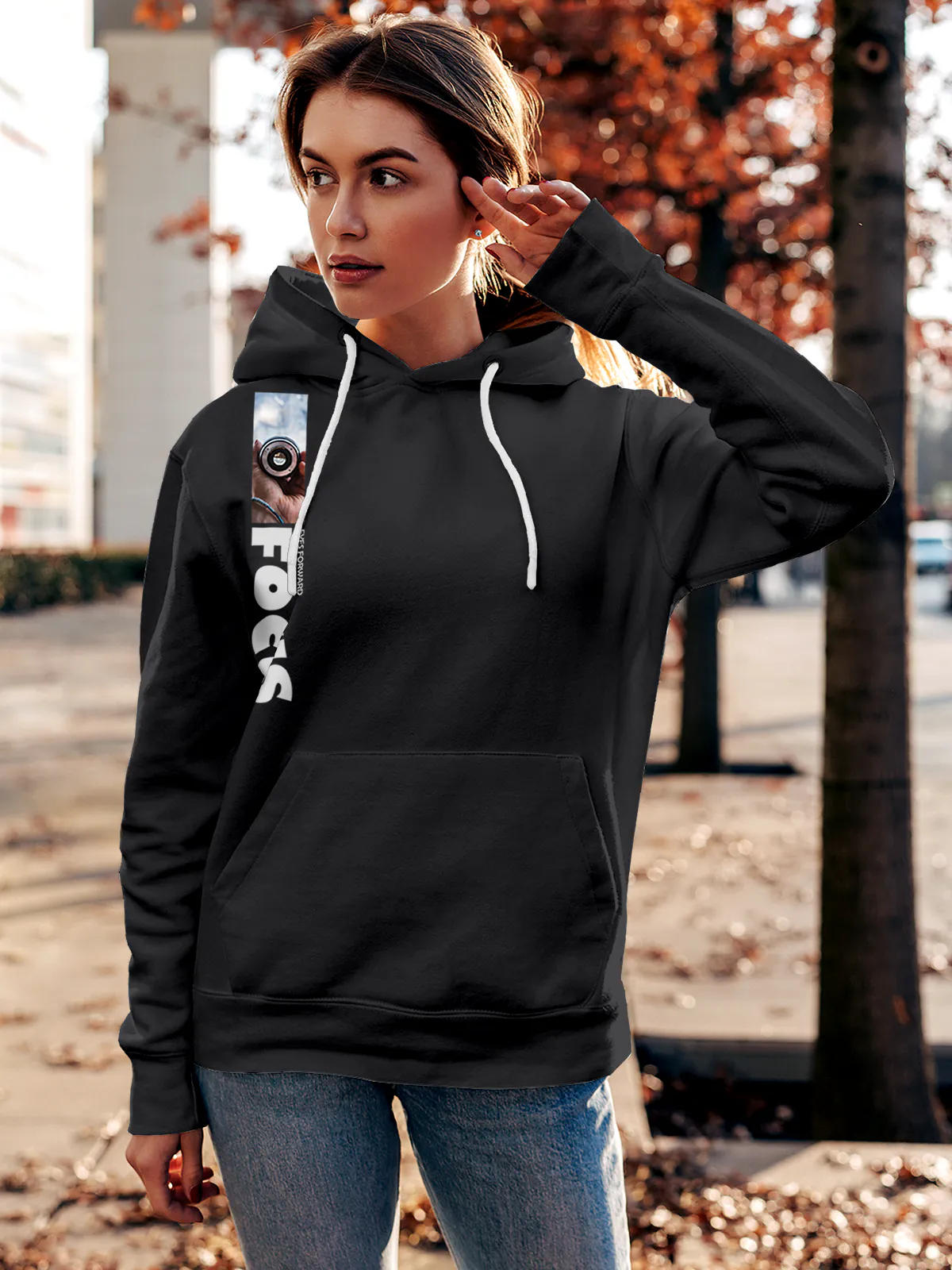Model wearing Women's Dark Grey Hoodie Sweatshirt with 'Focus' design, offering effortless style and premium comfort